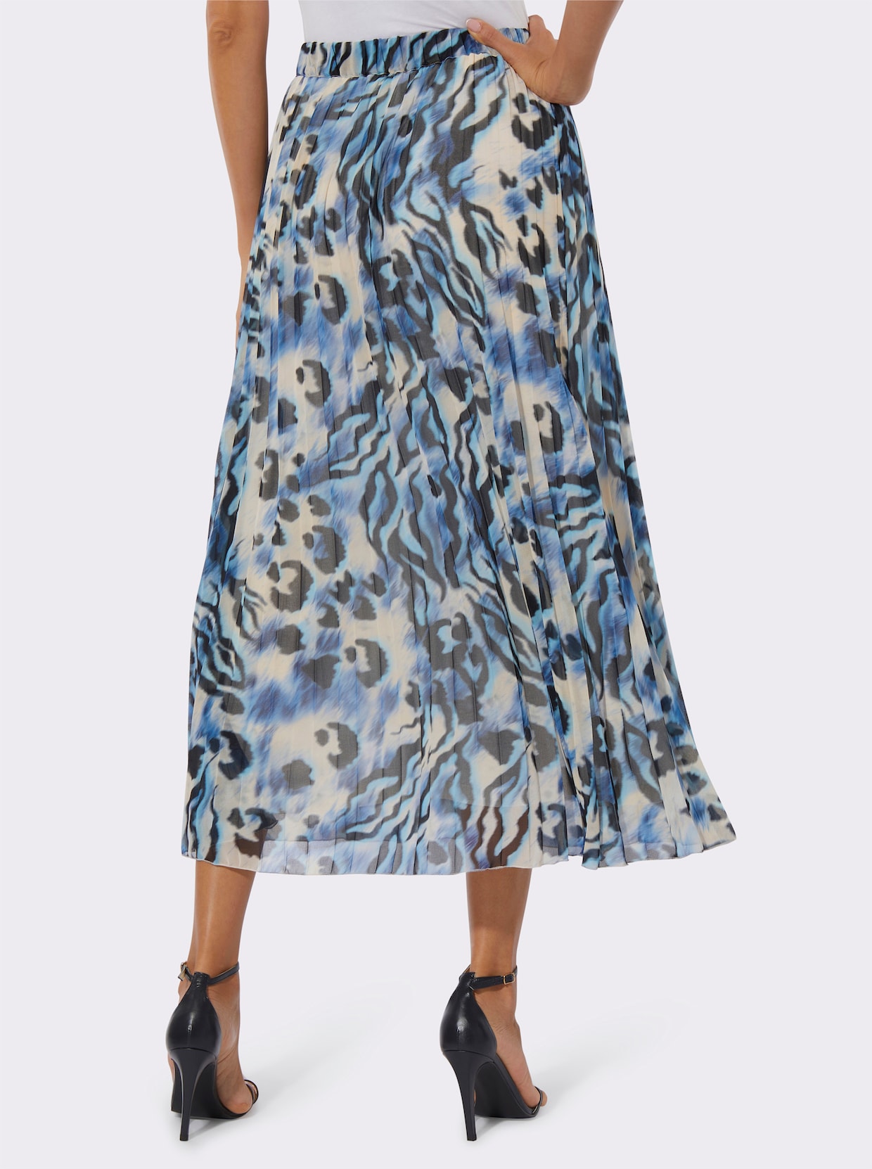 Plisseerock mit Rundum-Dehnbund - champagner-royalblau-bedruckt