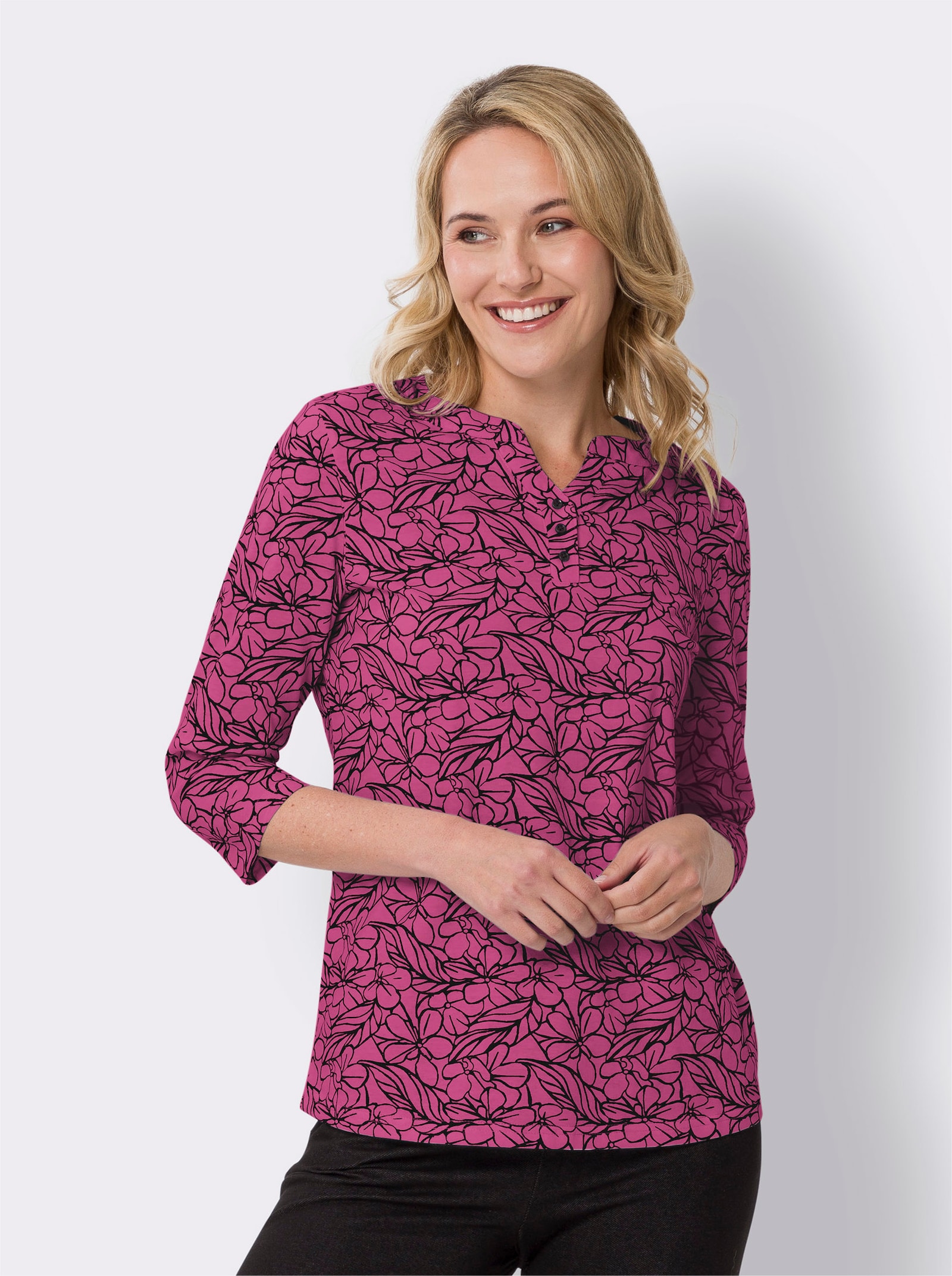 Blommönstrad topp, trekvartsärm - magenta-svart, med tryck