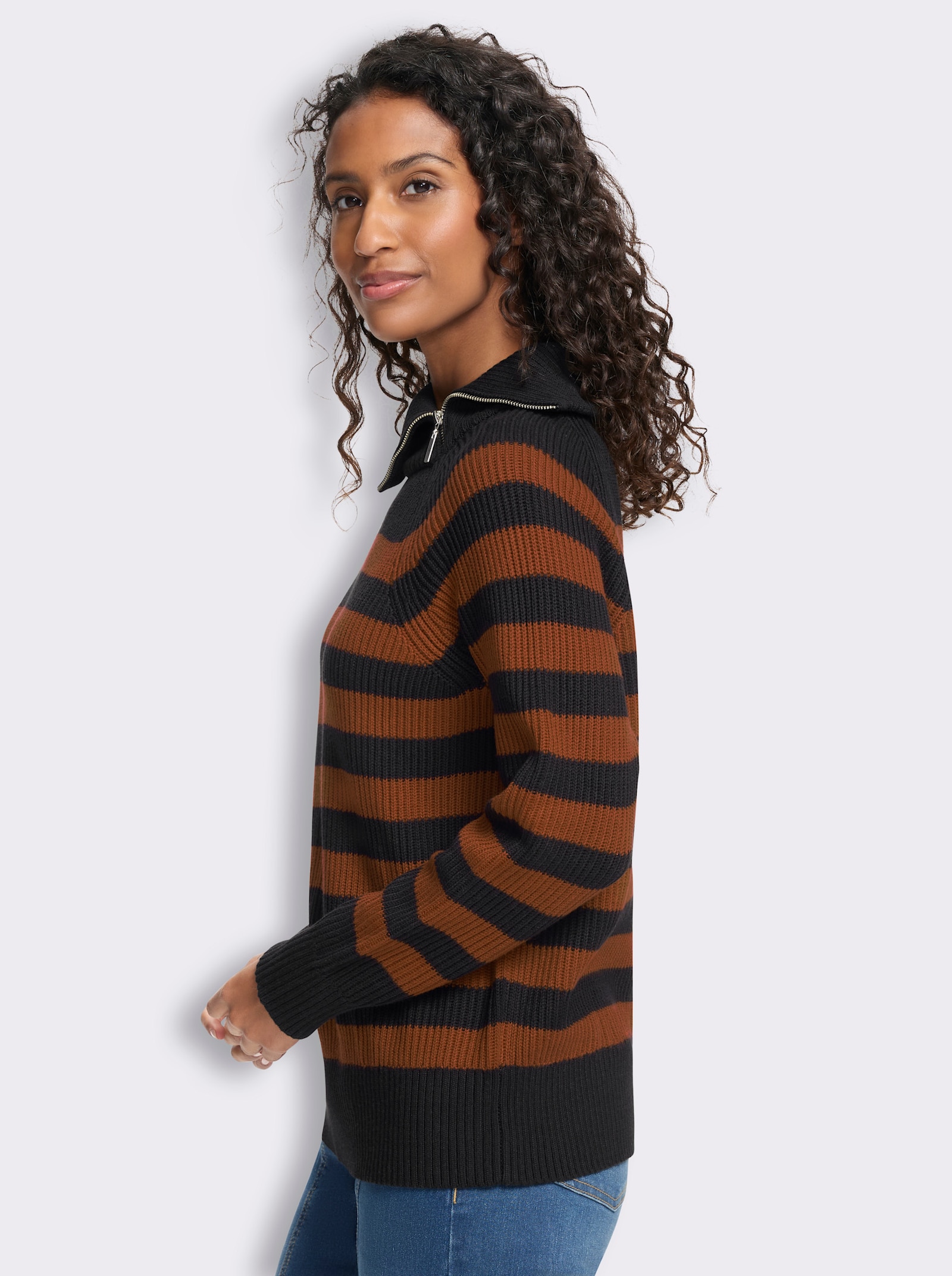 heine Langarm-Pullover mit Ringelstreifen - schwarz-cognac-geringelt
