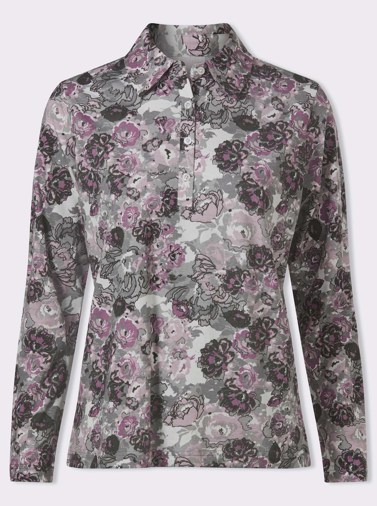 Poloshirt im floralen Dessin - steingrau-mauve-bedruckt