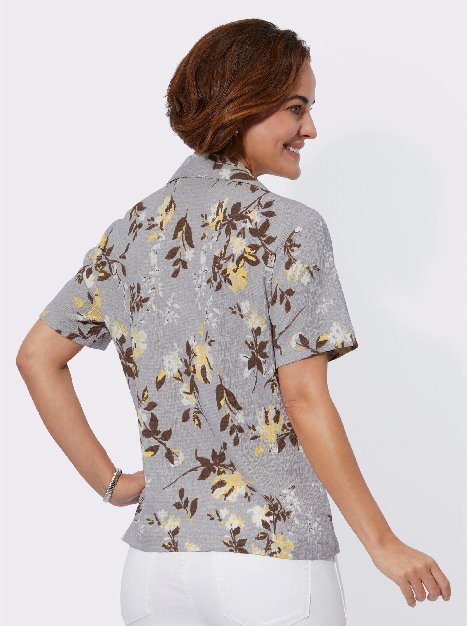 Crêpebluse in Borke-Qualität - steingrau-gelb-bedruckt