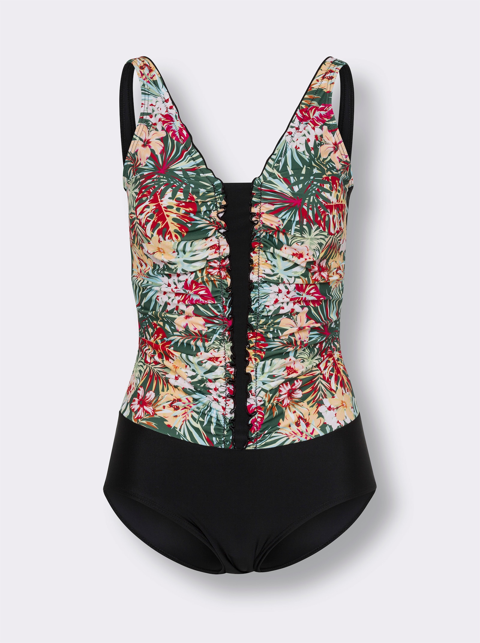 Badeanzug mit Blüten-Druck vorne - schwarz-bedruckt