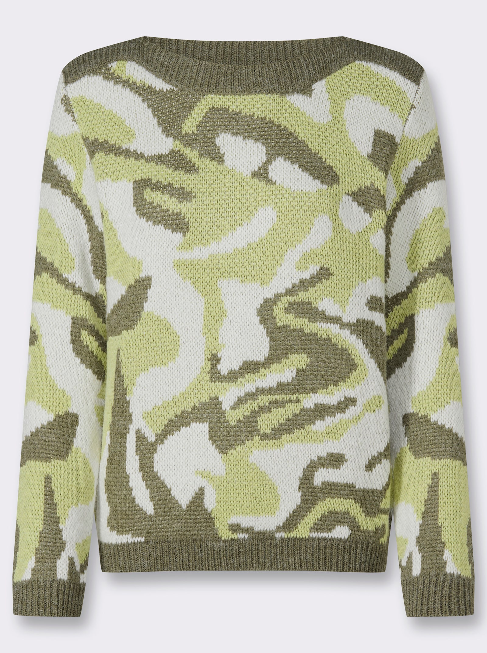 Jacquard-Pullover mit unifarbenen Abschlüssen - pistazie-khaki-gemustert
