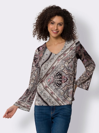 heine Satinbluse mit Trompetenärmel - graphit-camel-bedruckt