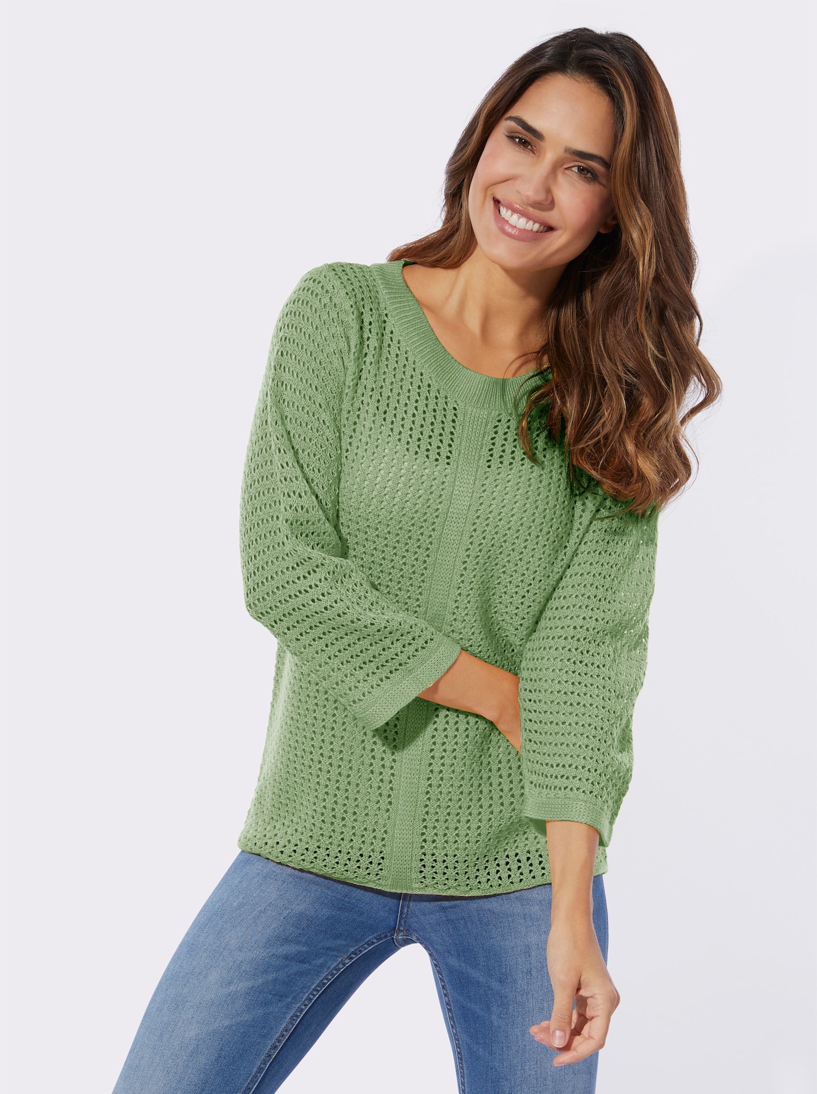 Tröja med hålmönster och vid, rund halsringning - eukalyptus