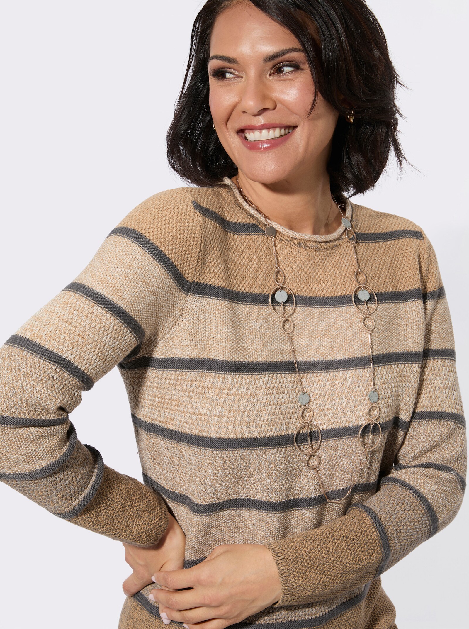 Rundhalspullover mit Ringeln - camel-steingrau-geringelt