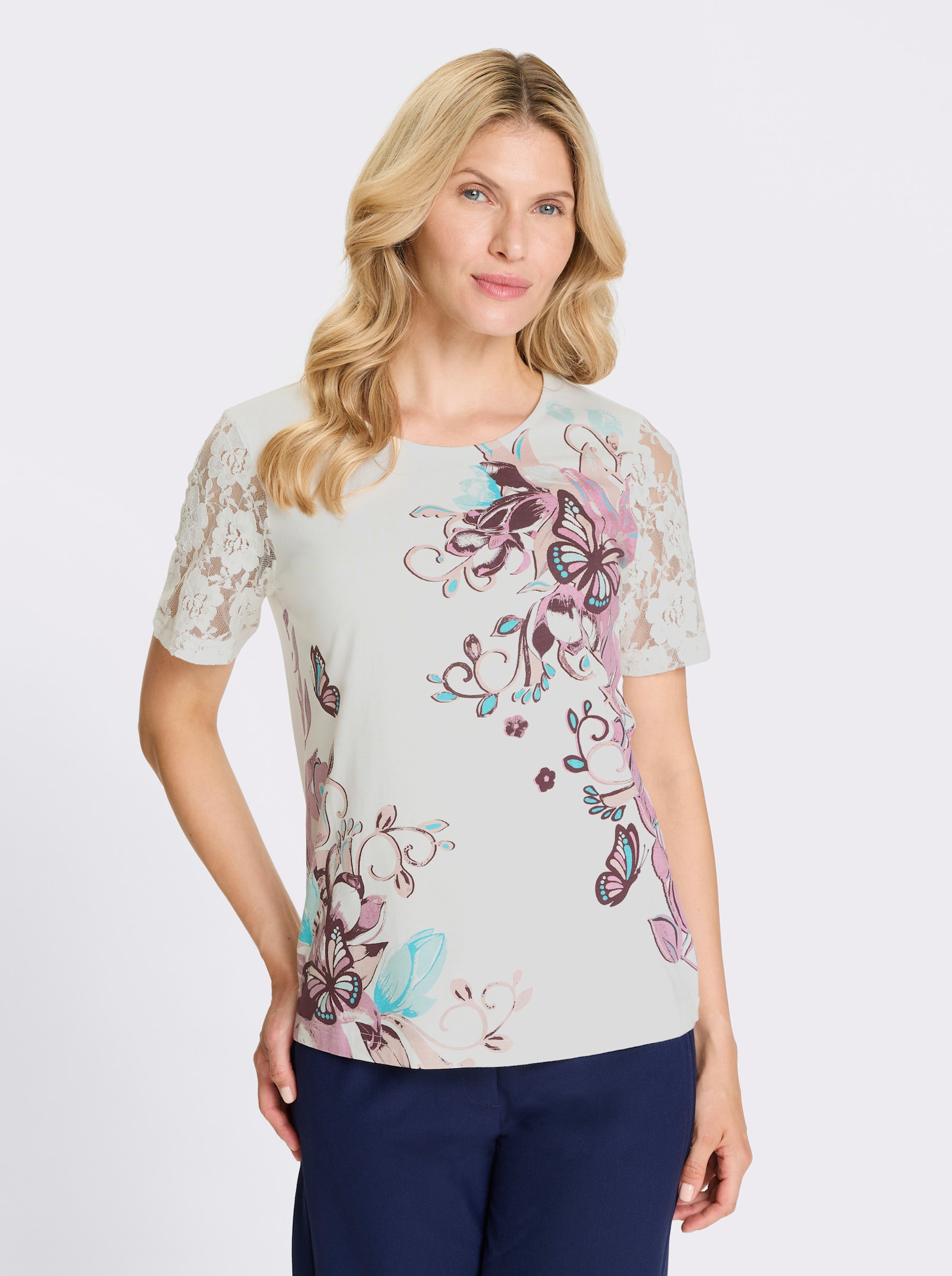 Spetströja med placerat tryck - ecru-gammalrosa, med tryck