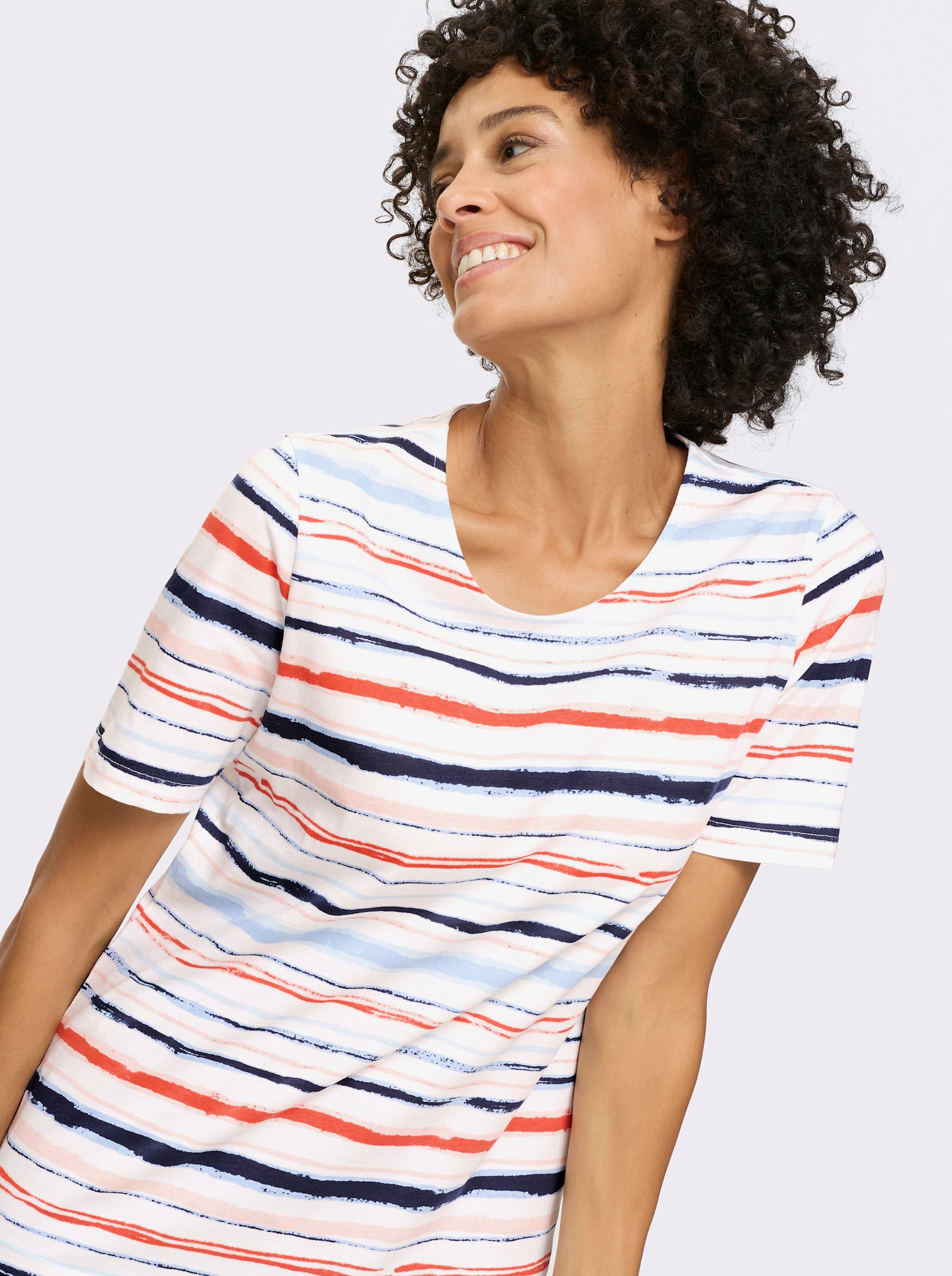 Tričko, okr. výstrih, pruhy - Svetlobéžovo-koralové pruhy