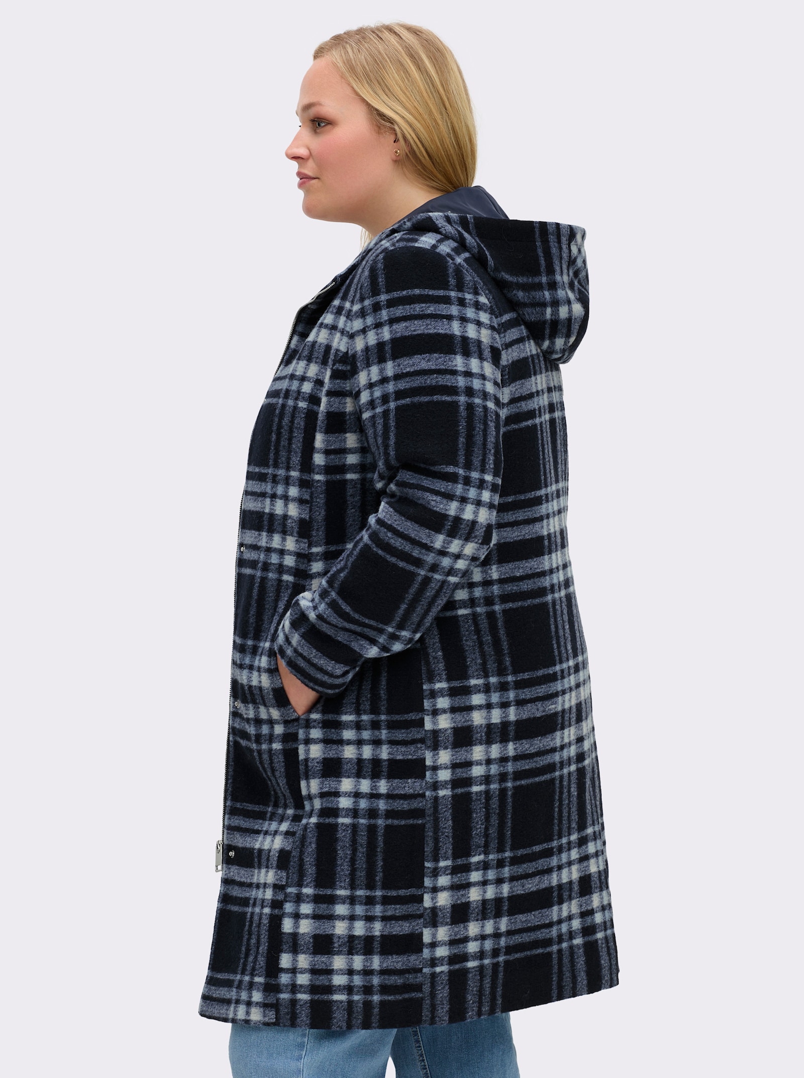 sheego Winterjas met ritssluiting en drukknopen - diepblauw/ijsblauw geruit
