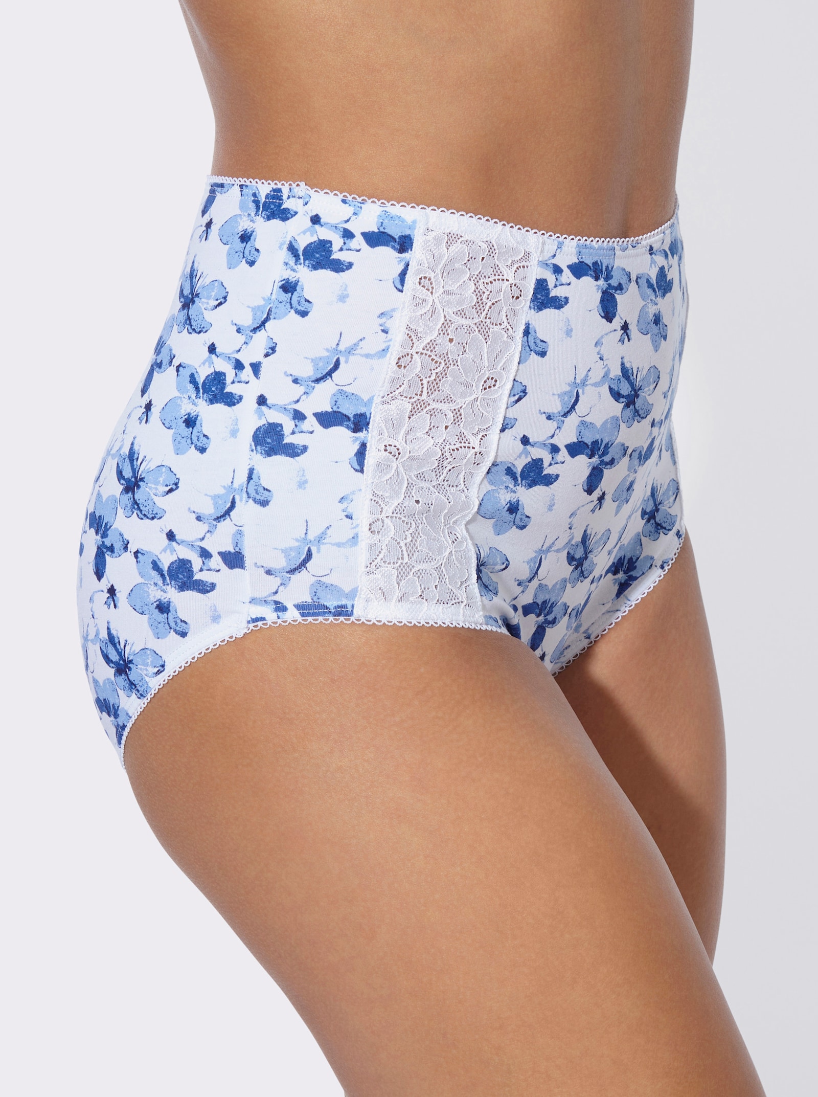 Taillenslip mit Spitzen-Einsätzen - weiß-marine-bedruckt + marine