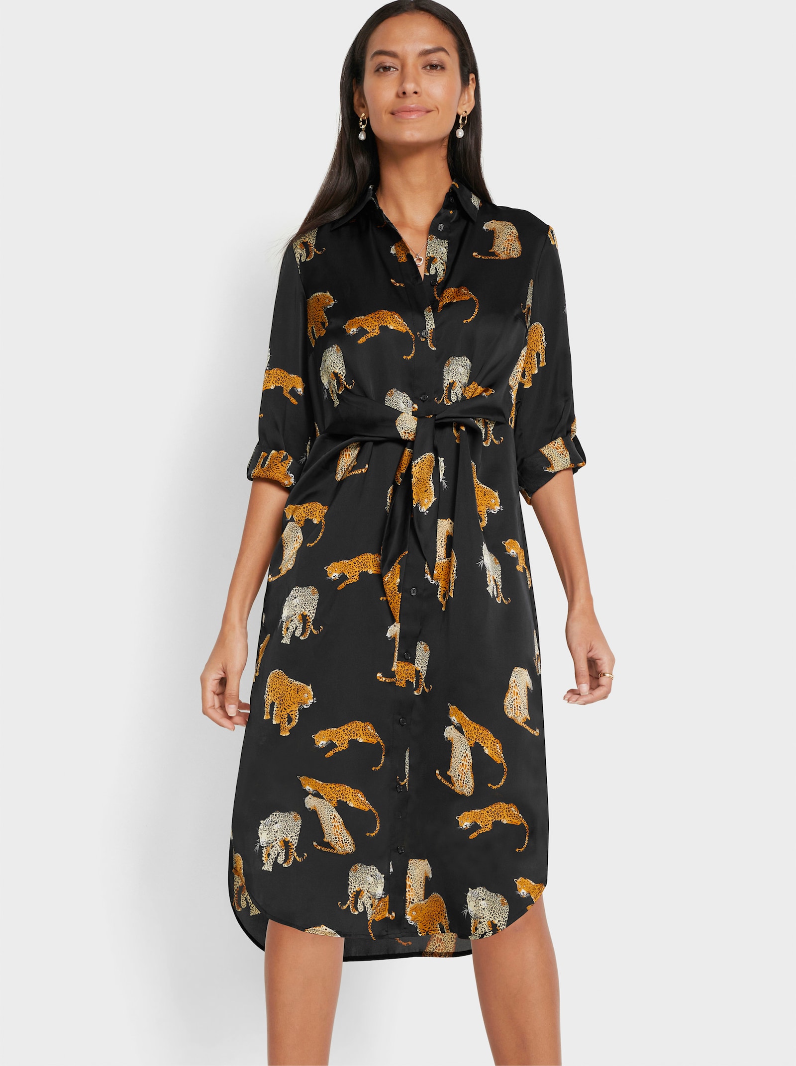 Hemdblusenkleid mit Leoparden-Druck - schwarz-ocker-bedruckt