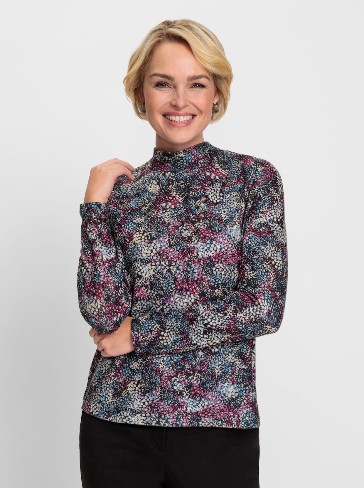 Stehkragenshirt - magenta-mittelblau-bedruckt