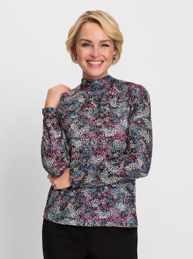 Stehkragenshirt in angerauter Qualität - magenta-mittelblau-bedruckt