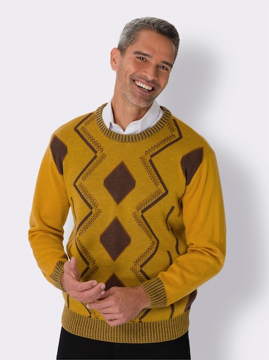 Rundhals-Pullover - ocker-schoko-gemustert