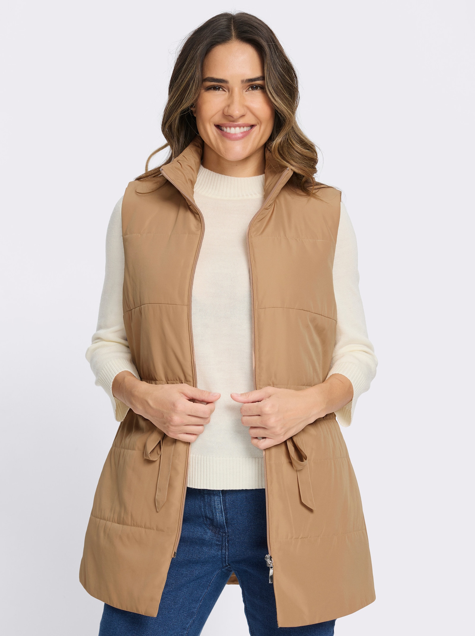 Longweste mit gerafftem Stehkragen, Stepp - camel