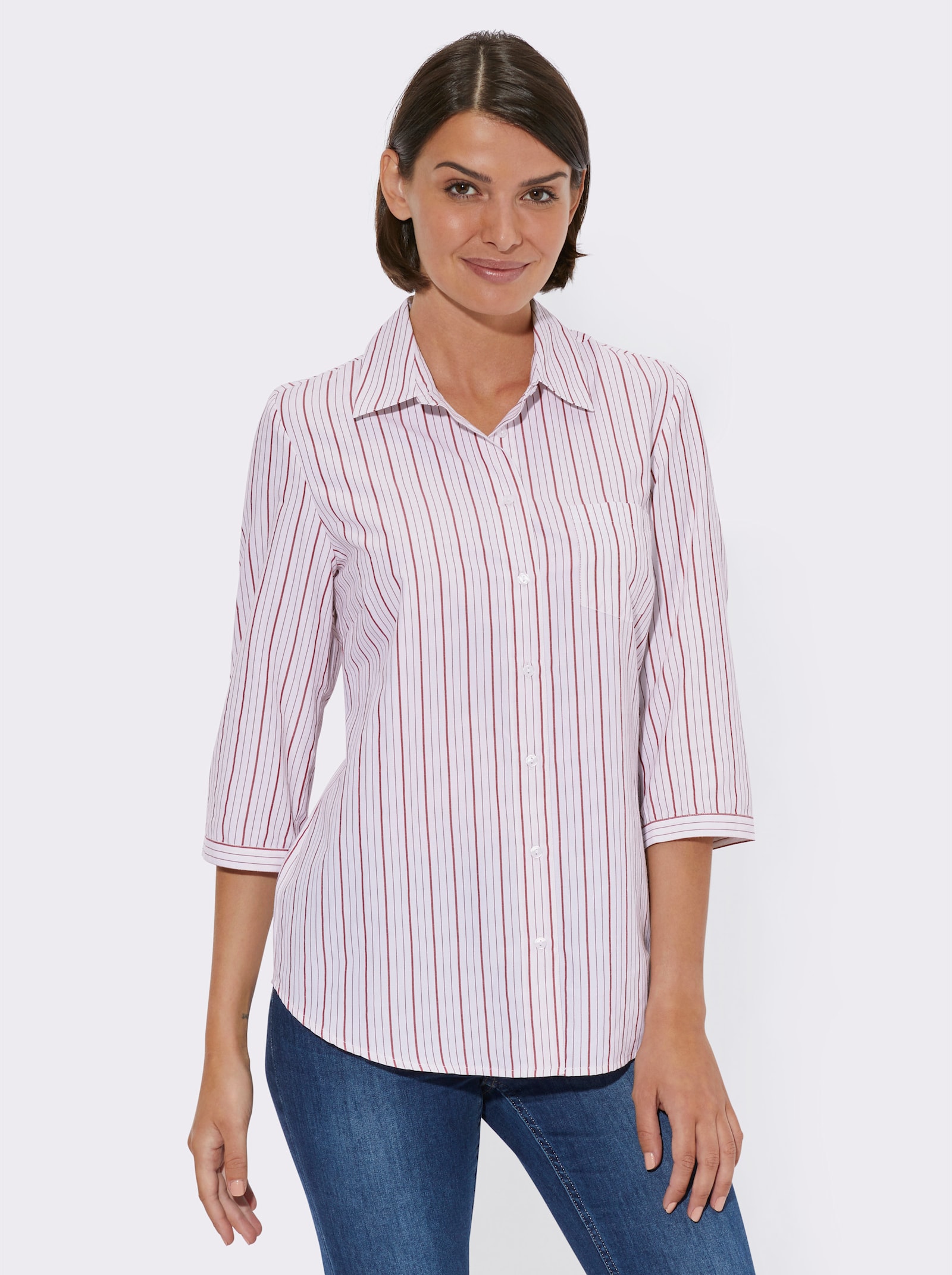 Hemdbluse mit 3/4-Ärmeln, gestreift - rot-gestreift