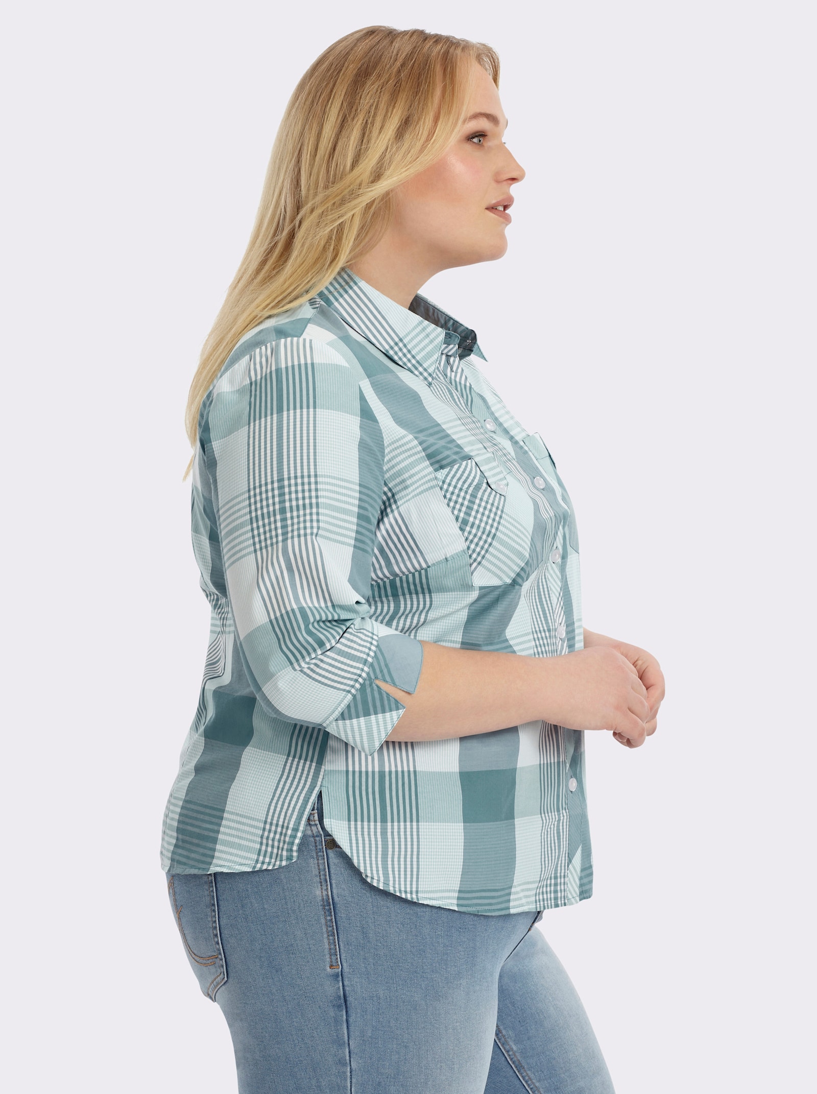 Karobluse mit aufgesetzten Brusttaschen - ozean-weiß-kariert