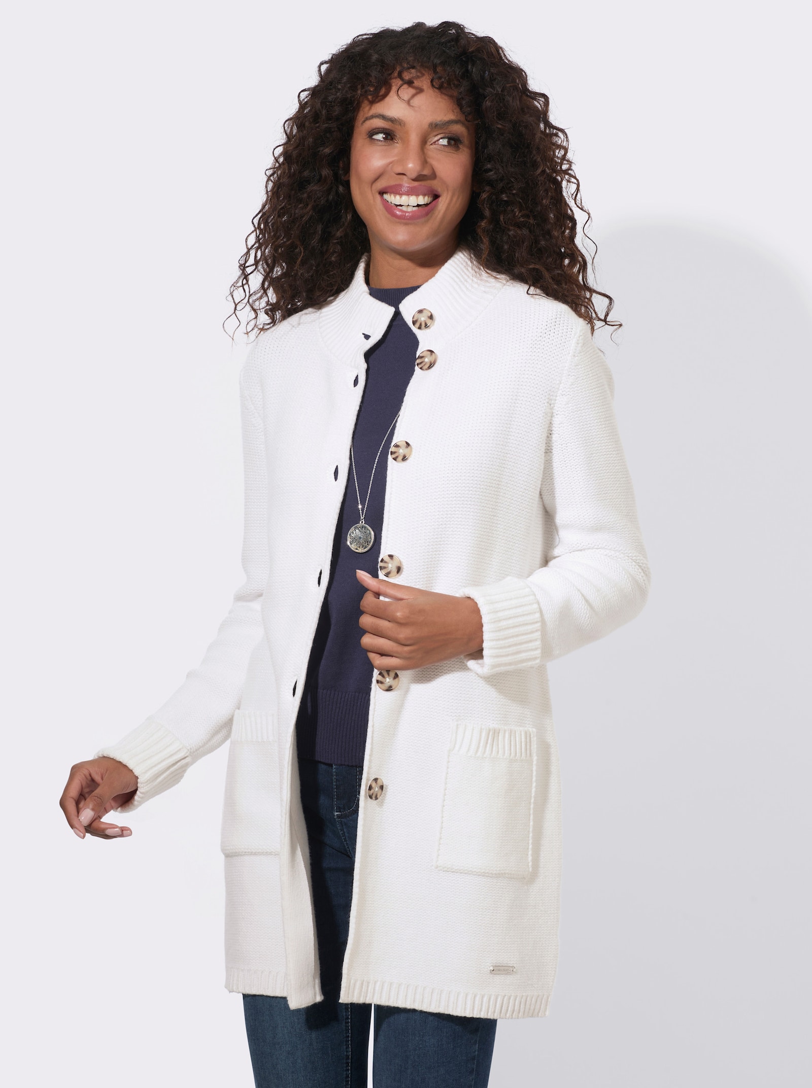 Longstrickjacke im modischen Linksstrick - ecru