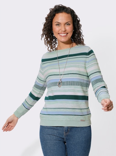 Rundhalspullover im Mustermix - kalkmint-petrol-geringelt