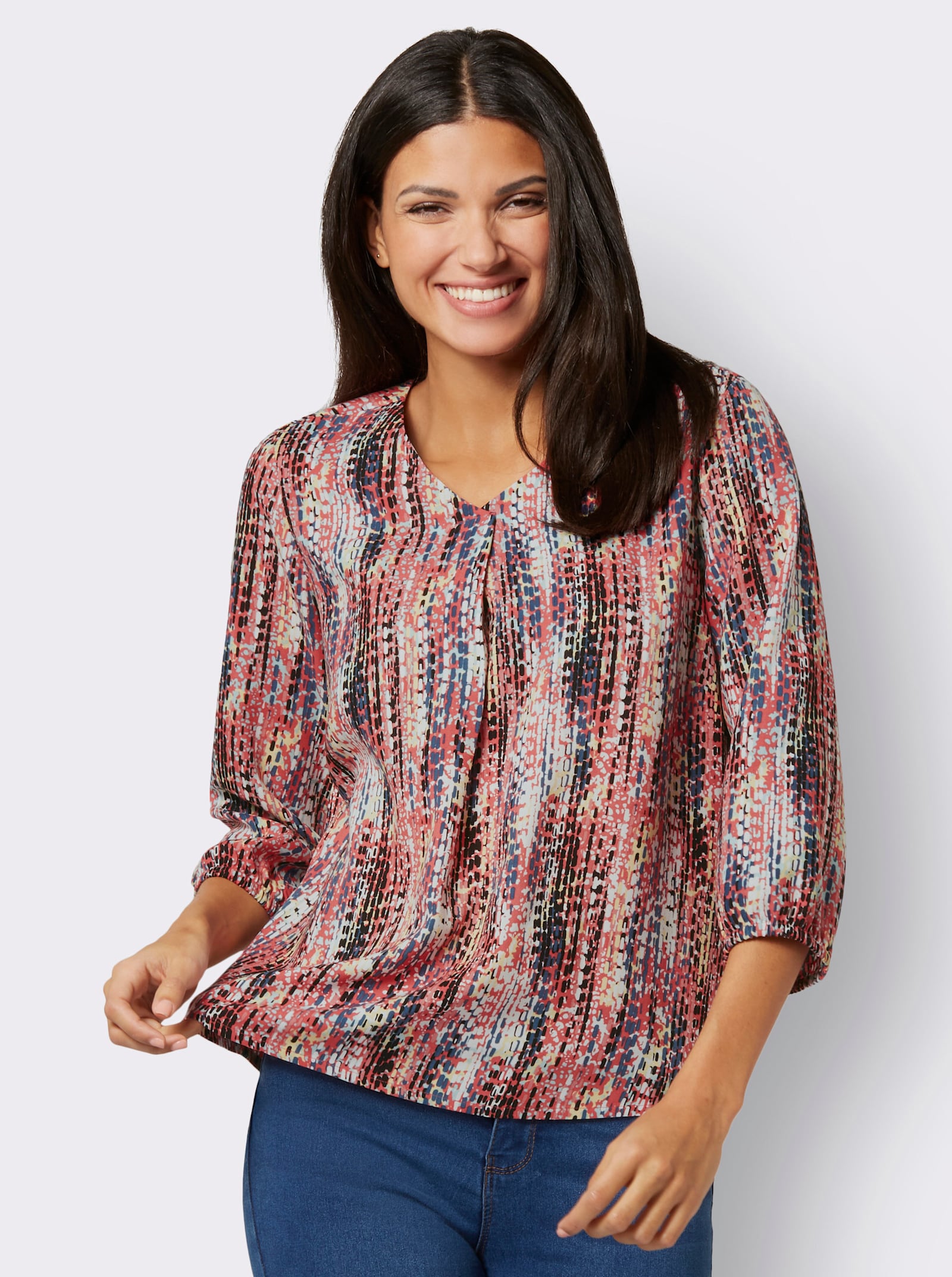 Druckbluse mit elastischen Bündchen - rosenquarz-rauchblau-bedruckt