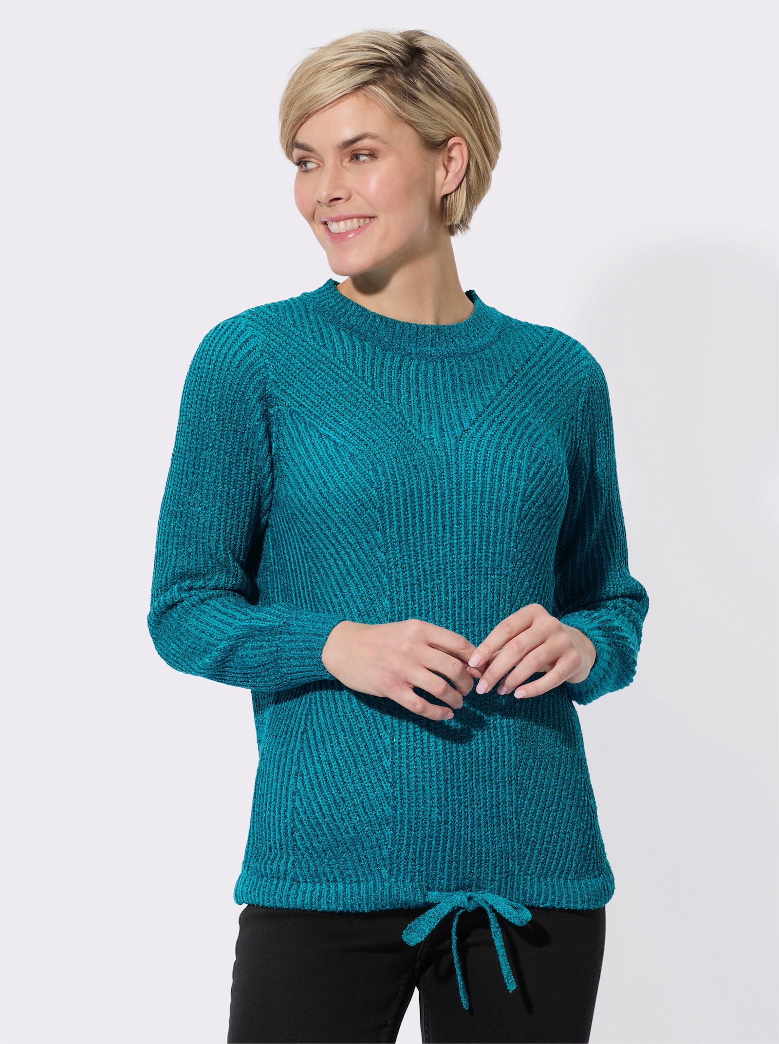Bouclé-Pullover in Strickstruktur - aquapetrol-türkis-meliert