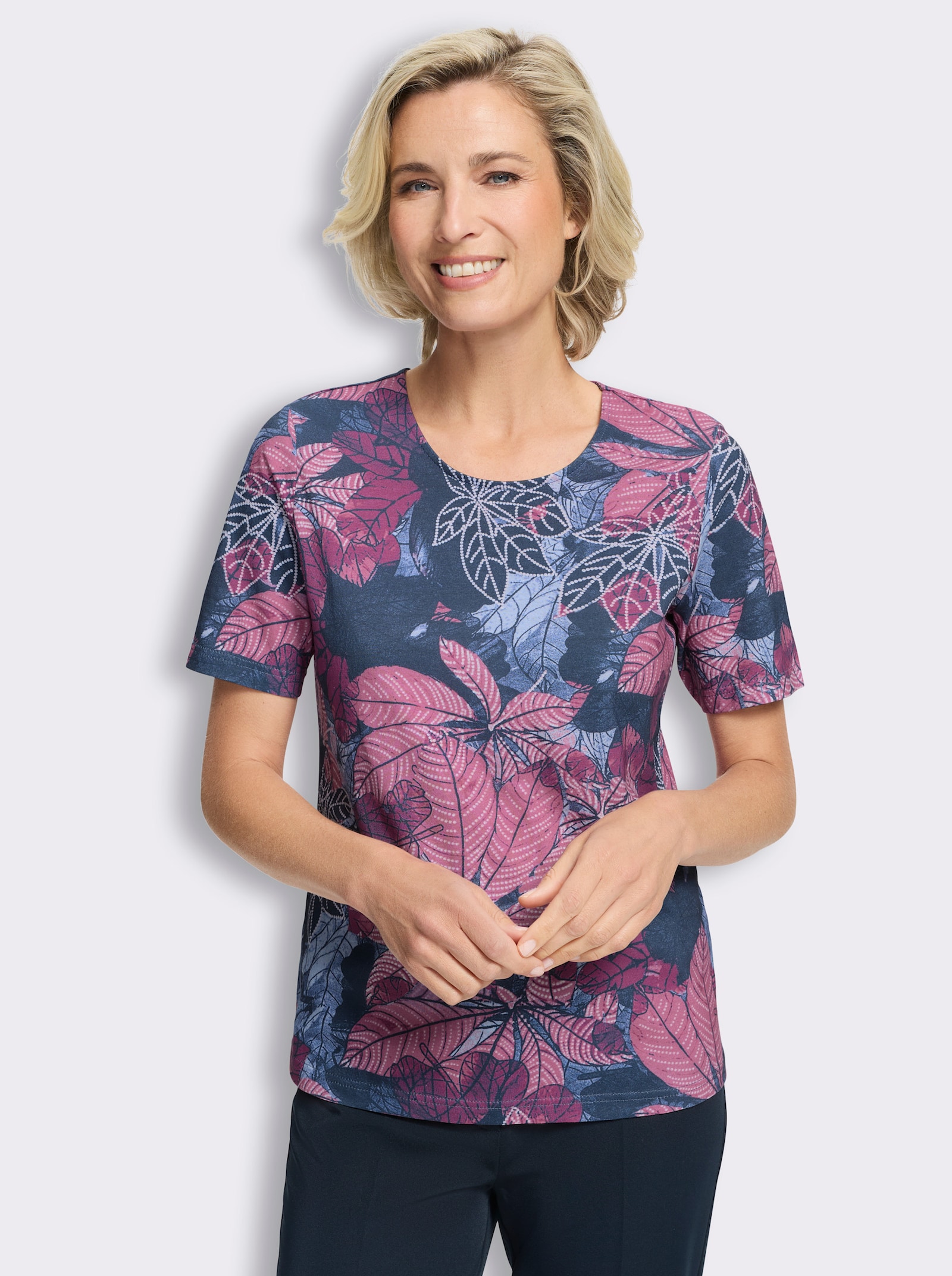 Shirt met ronde hals en bladpatroon rondom - jeansblauw/oudroze bedrukt