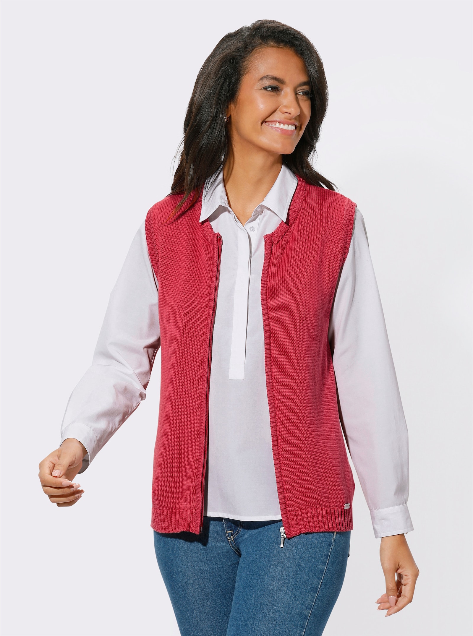 Strickweste mit Reißverschluss - korallenrot