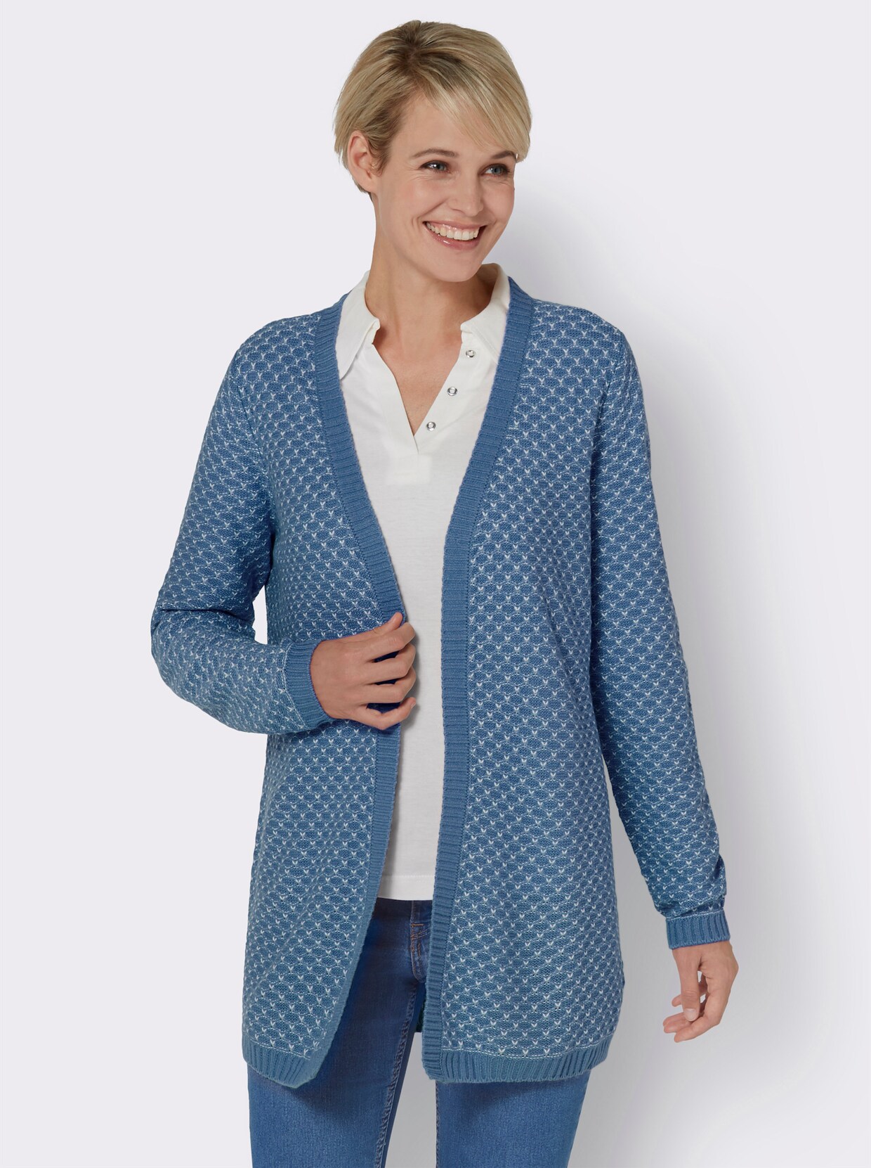 Dlouhý pletený kabátek - střední modrá