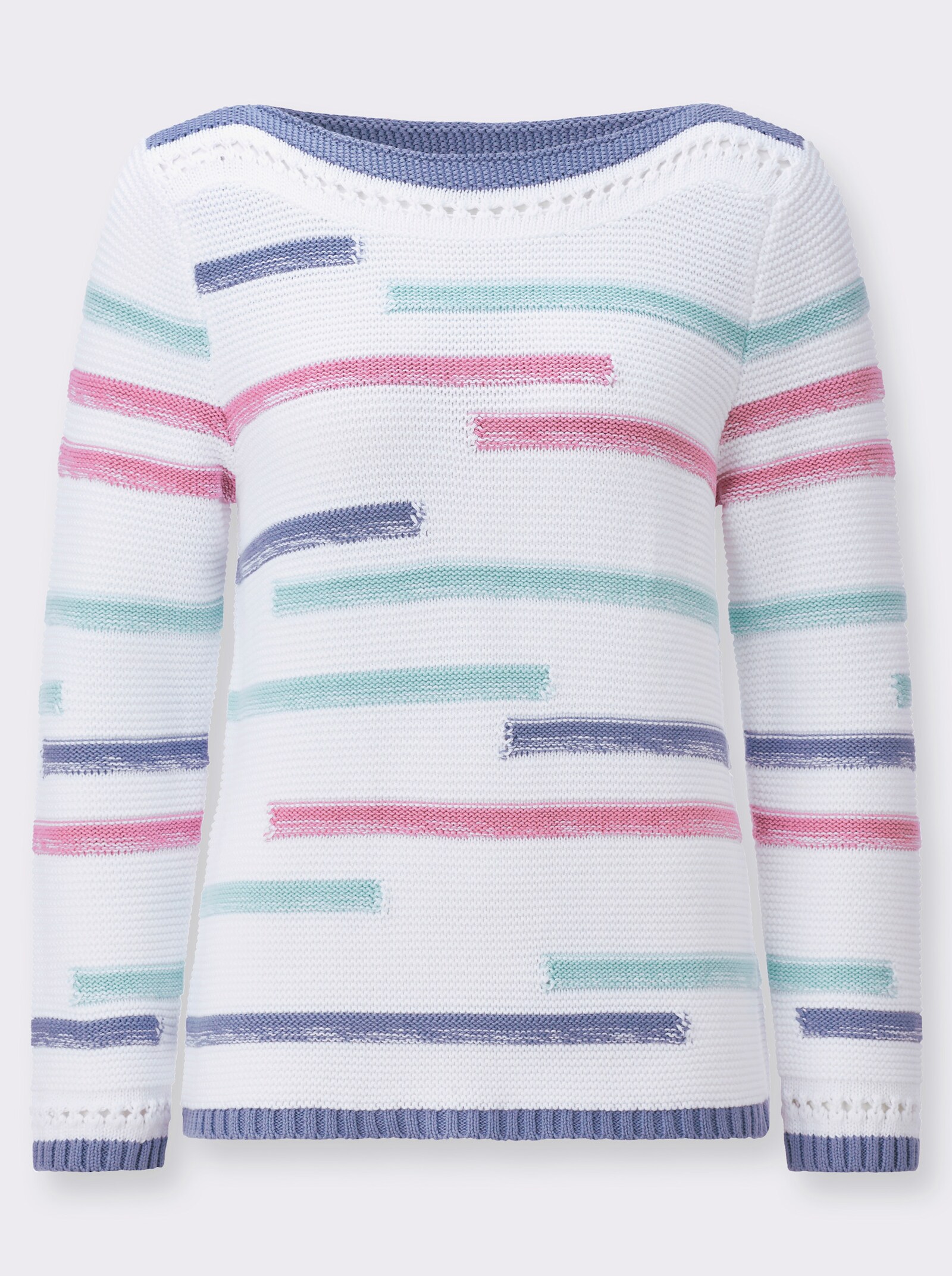 Langarm-Pullover mit U-Boot-Ausschnitt - weiß-taubenblau-geringelt