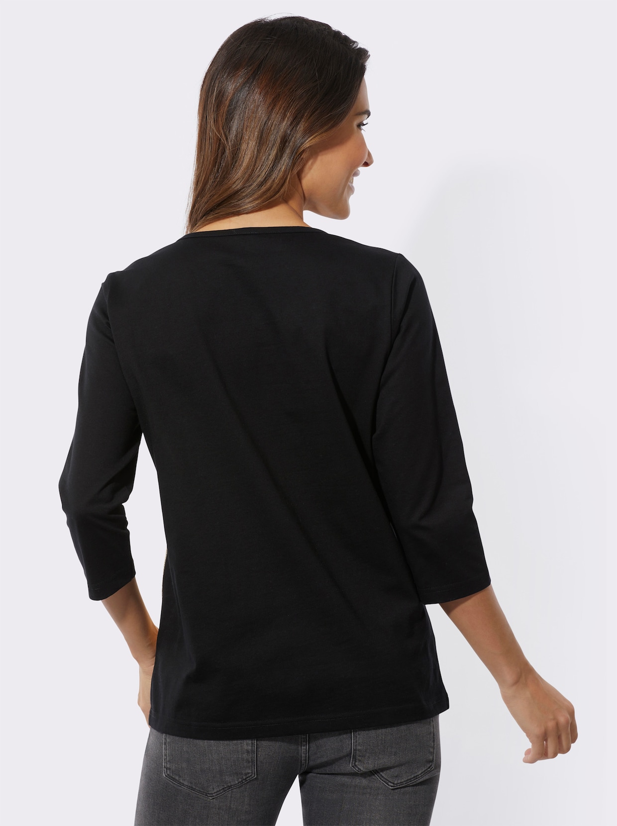 Shirt met ronde hals - zwart/camel bedrukt