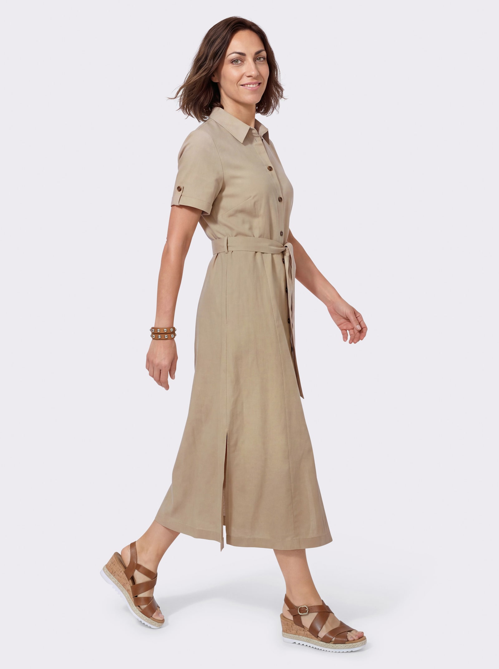 Hemdblusenkleid mit Bindegürtel - beige
