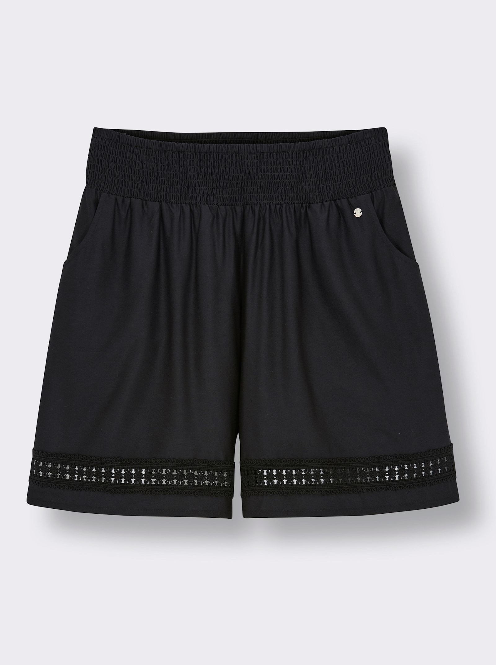 sheego Short met broderie anglaise op de zoom - zwart