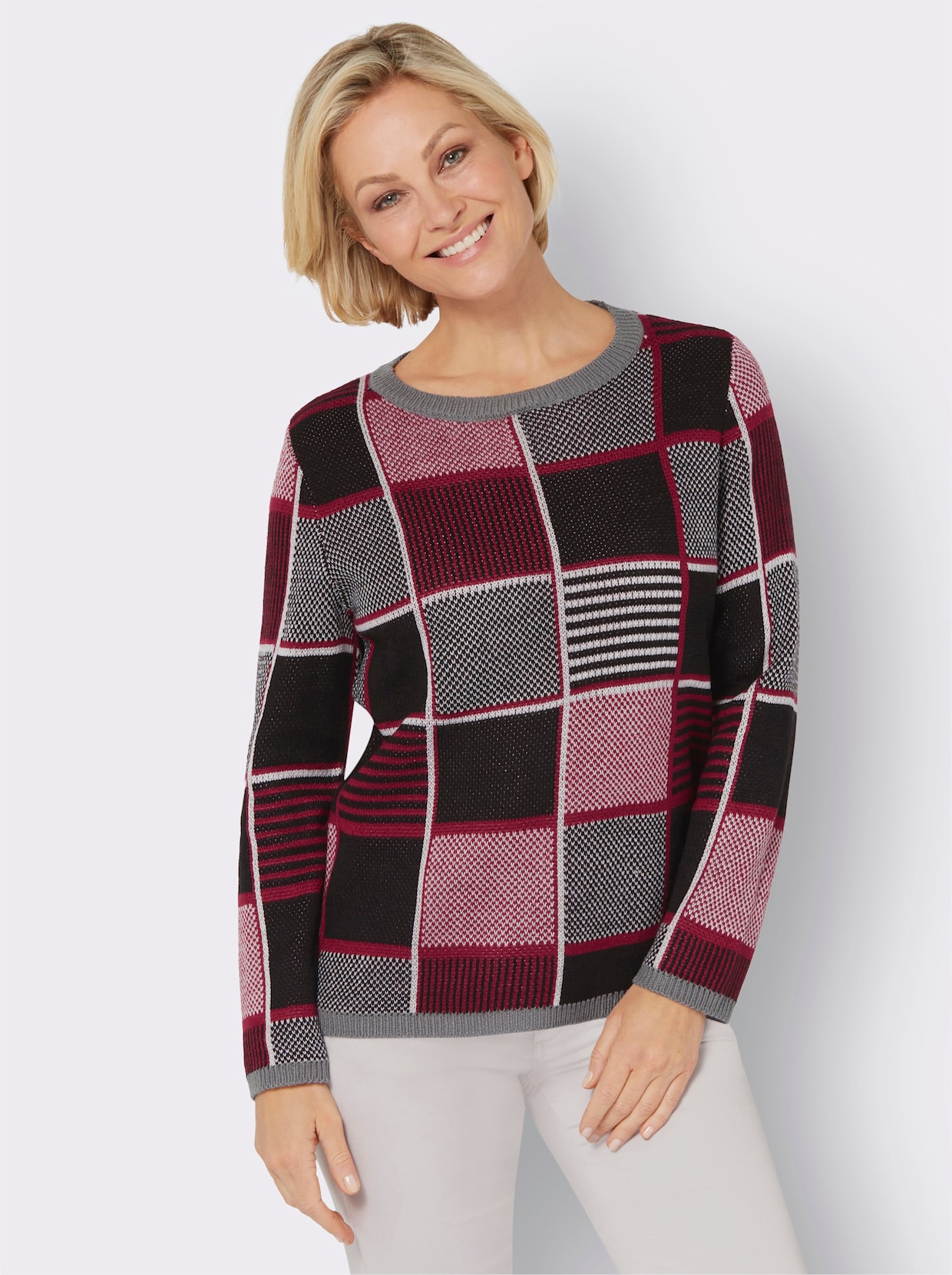 Pullover van jacquard - zwart/kers gedessineerd