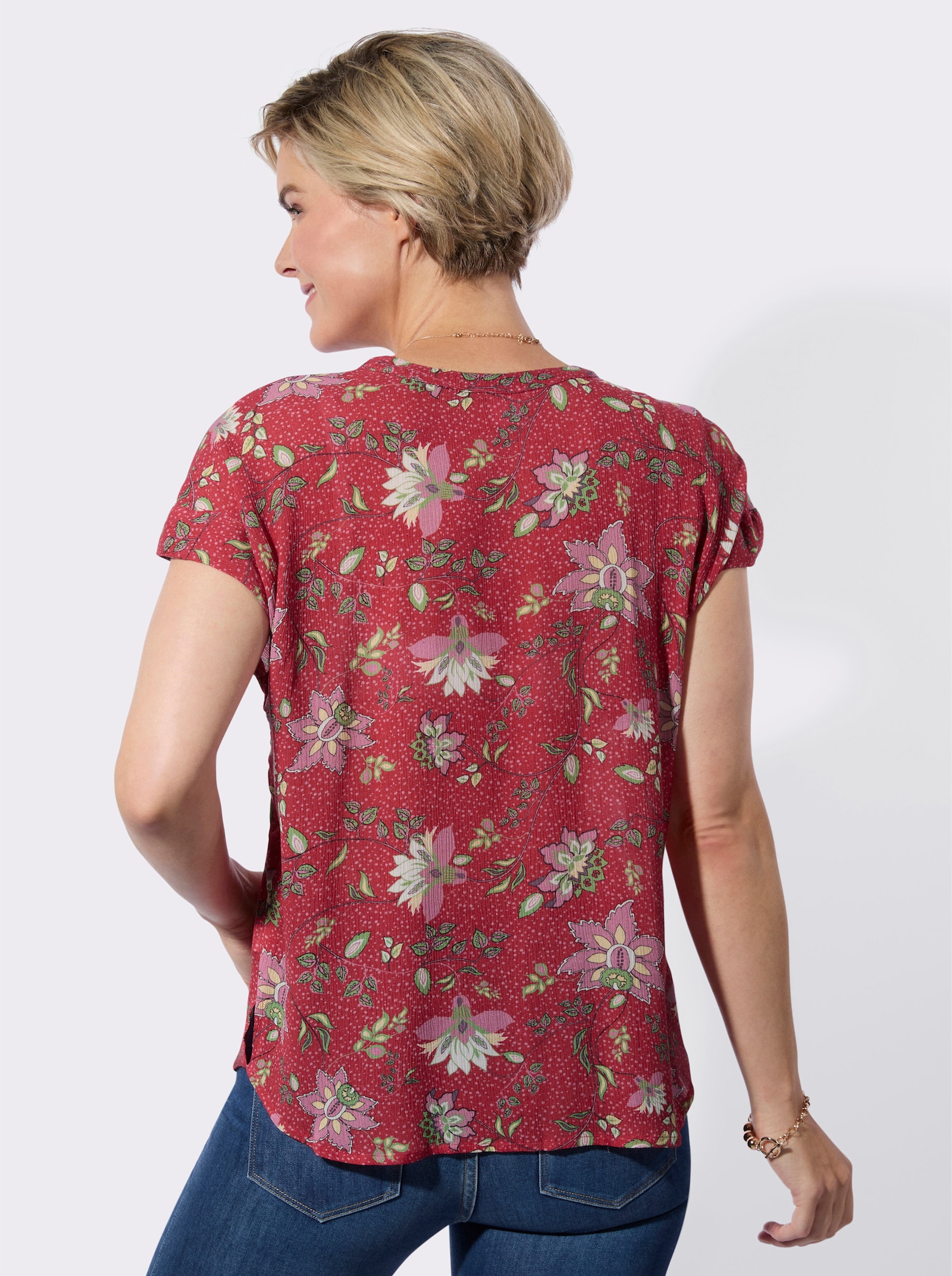 Kurzarmbluse in strukturierter Qualität - erdbeere-eucalyptus-bedruckt