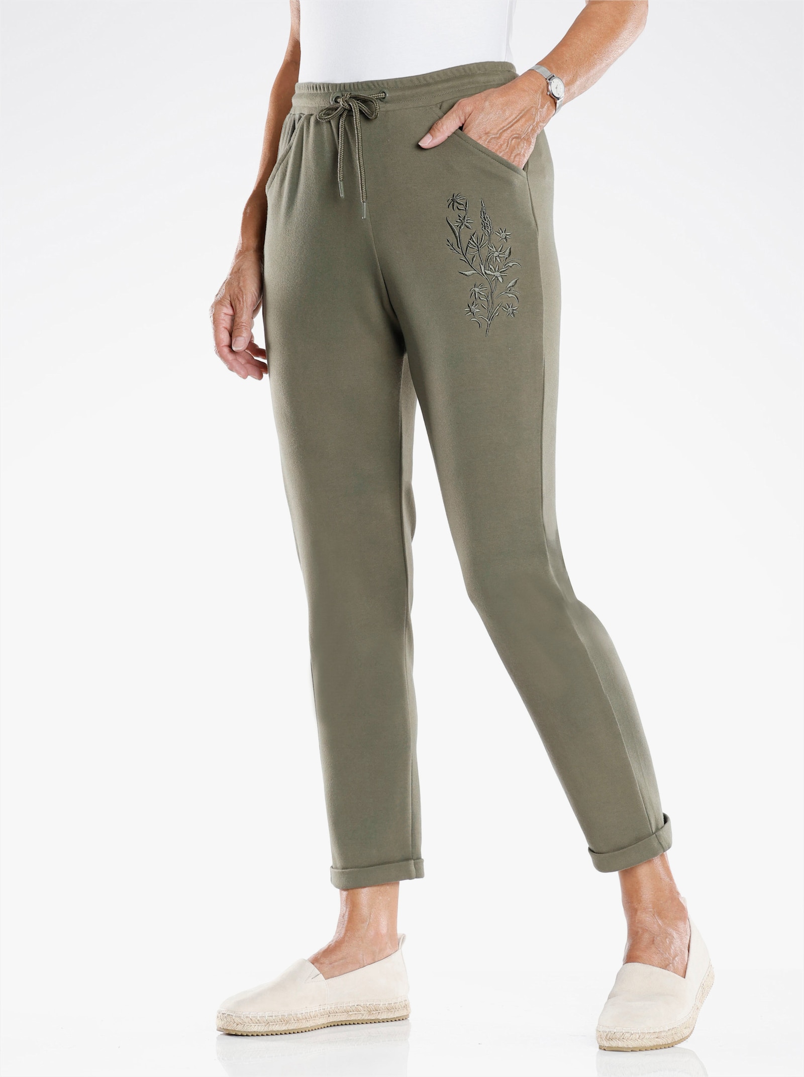 Sweathose mit Blütenstickerei - khaki