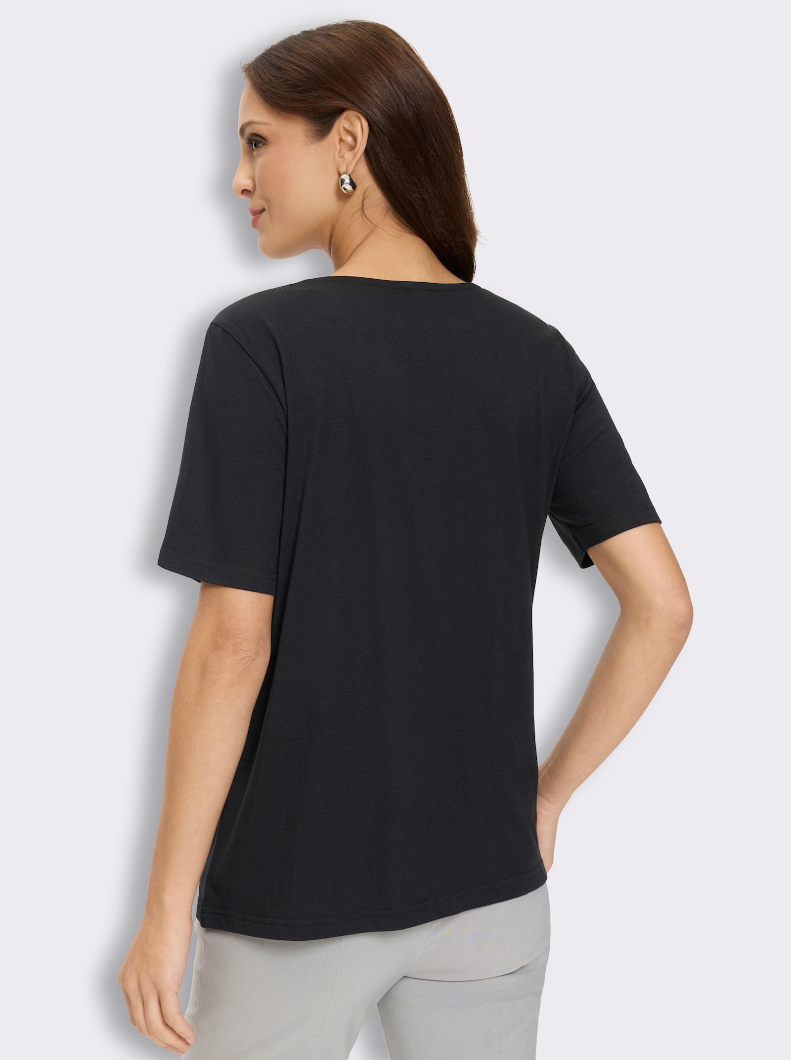 Kurzarmshirt mit Zierperlen-Applikation und Stickerei - schwarz