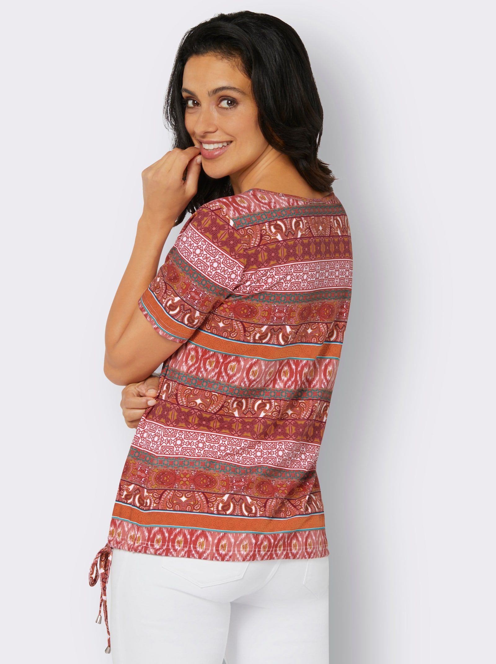 Kurzarmshirt im Ethno-Streifen-Dessin - papaya-terra-bedruckt