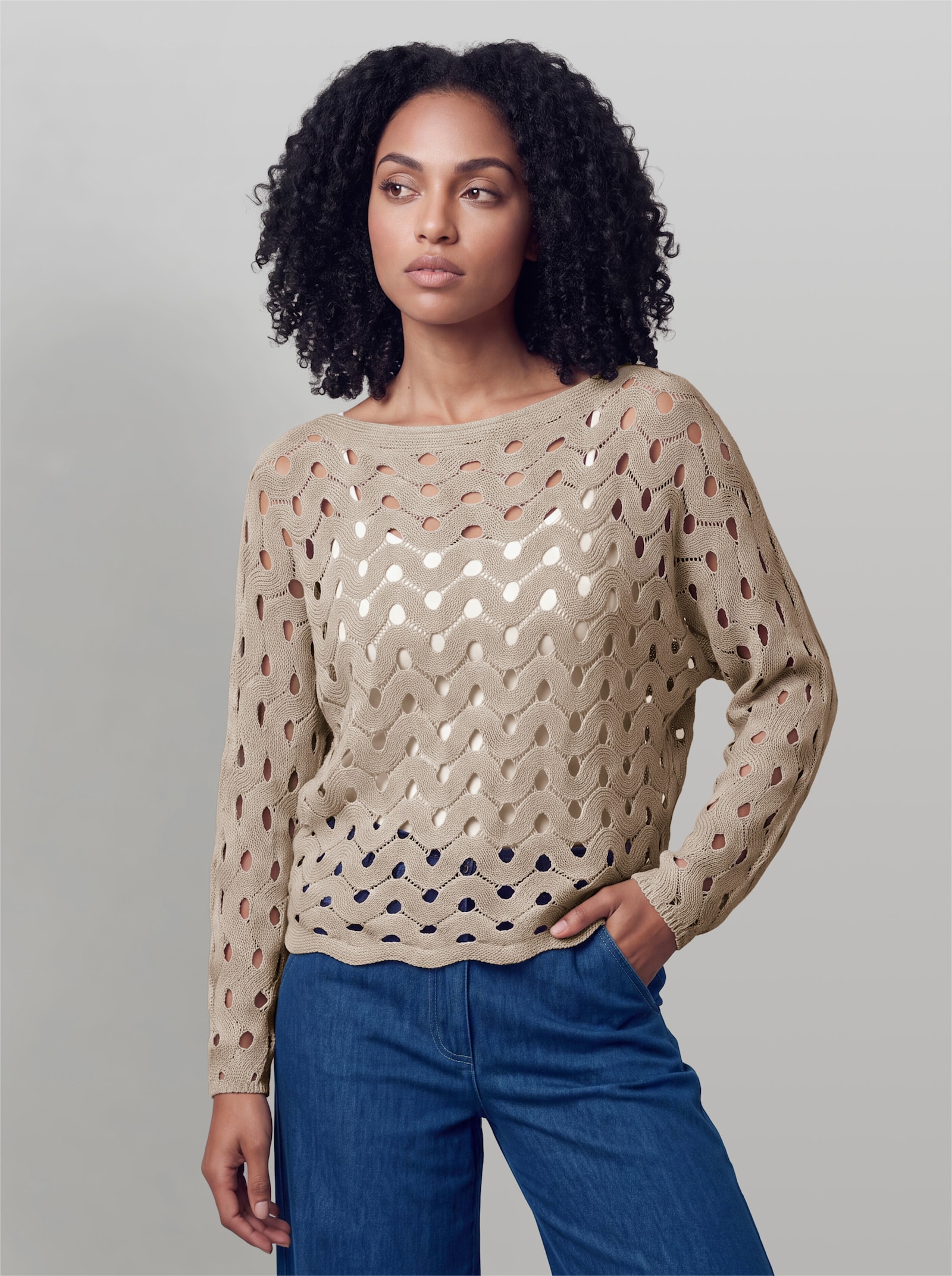 heine Ajourpullover mit Wellenmuster - sesam