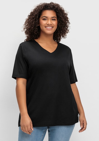 sheego T-shirt met dubbellaags voorpand - zwart