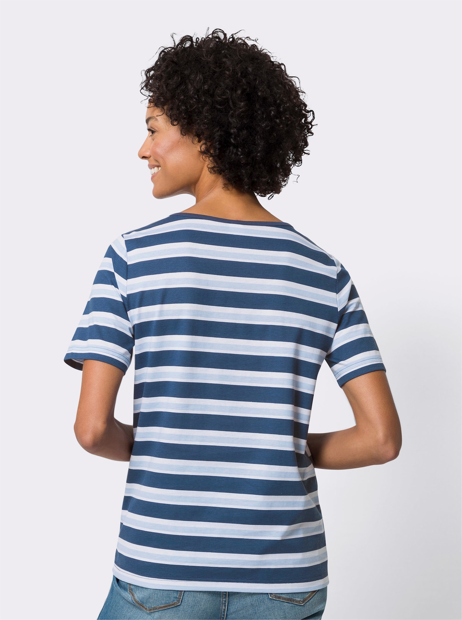 Rundhalsshirt mit Streifenmuster - weiss-dunkelblau-bedruckt