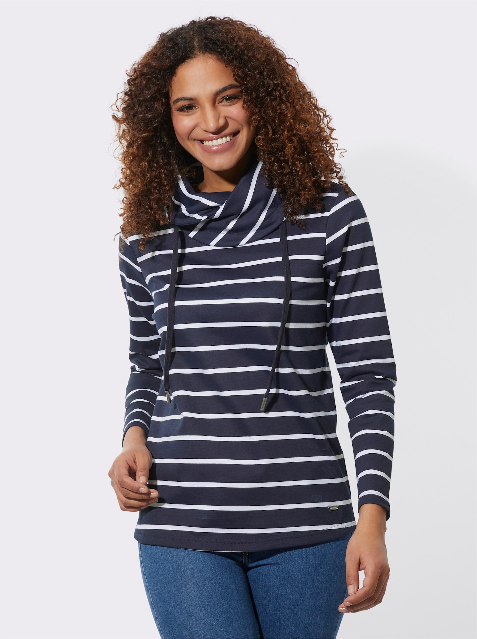 Sweatshirt mit überlappendem Rollkragen - marine-weiss-geringelt