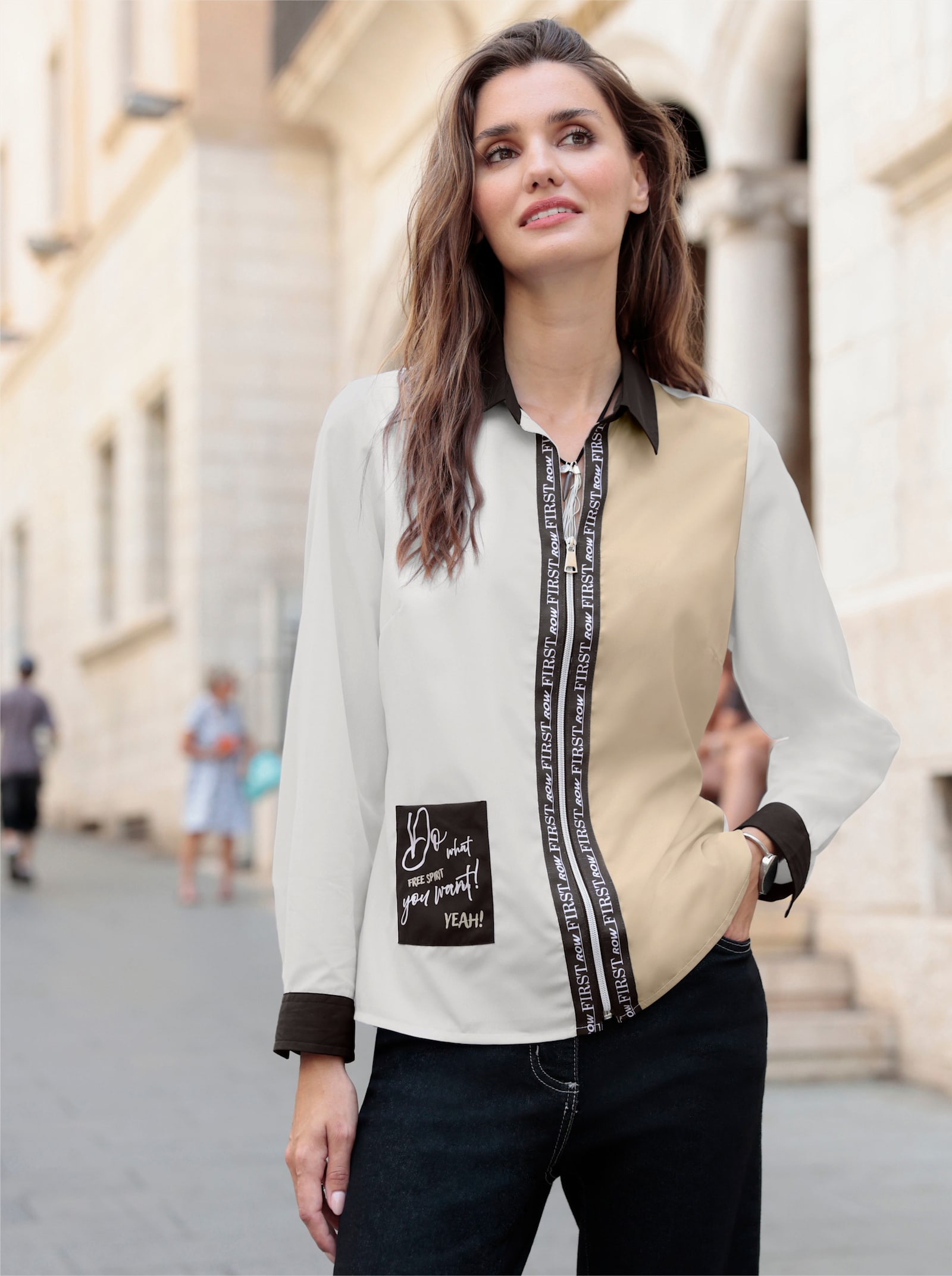 Langarm-Bluse mit Kontrast-Details - weiß-beige