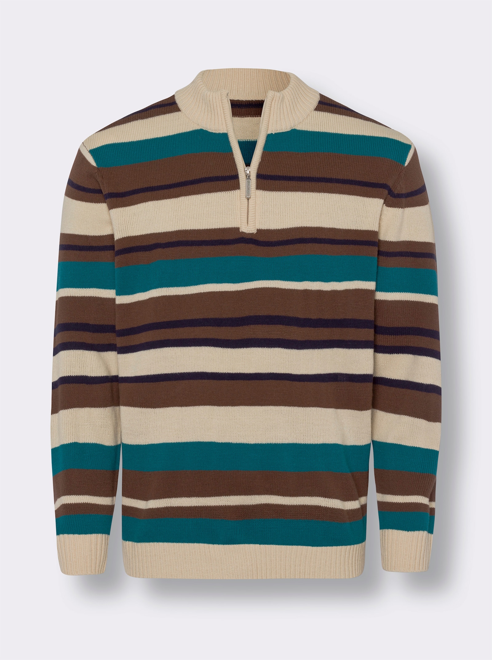 Stehkragenpullover im Ringel-Strickmuster - sand-schoko-gemustert