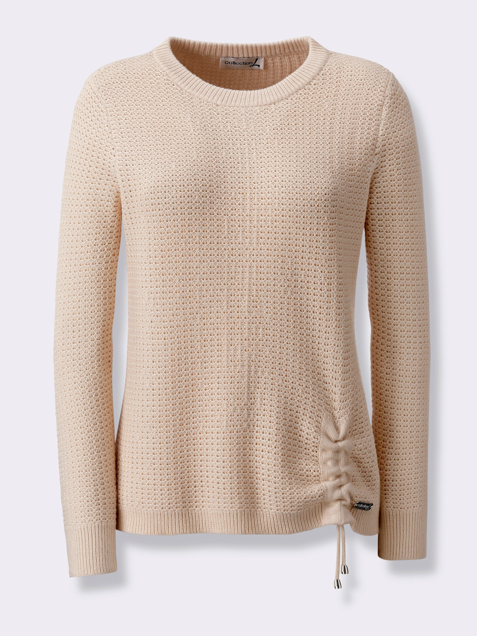 Rundhalspullover mit Schnürung am Saum - elfenbein