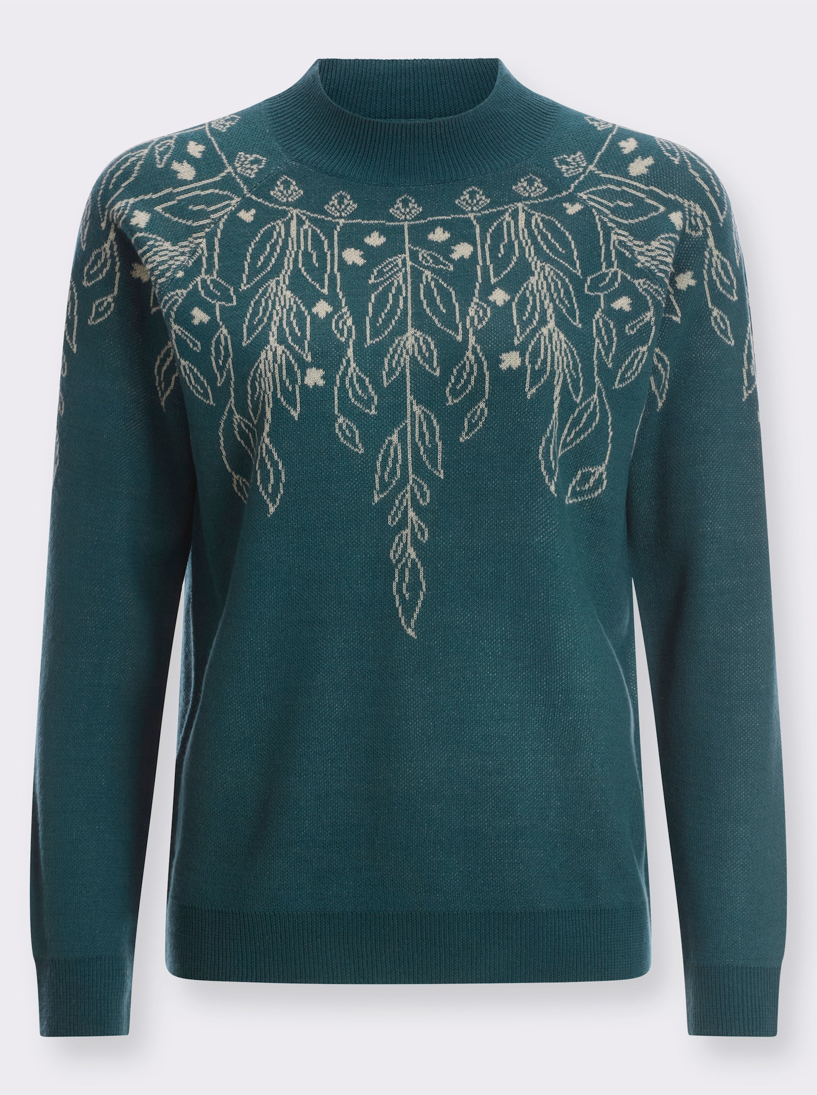 Tröja med halvpolo, broderade rankor - petrol-sand