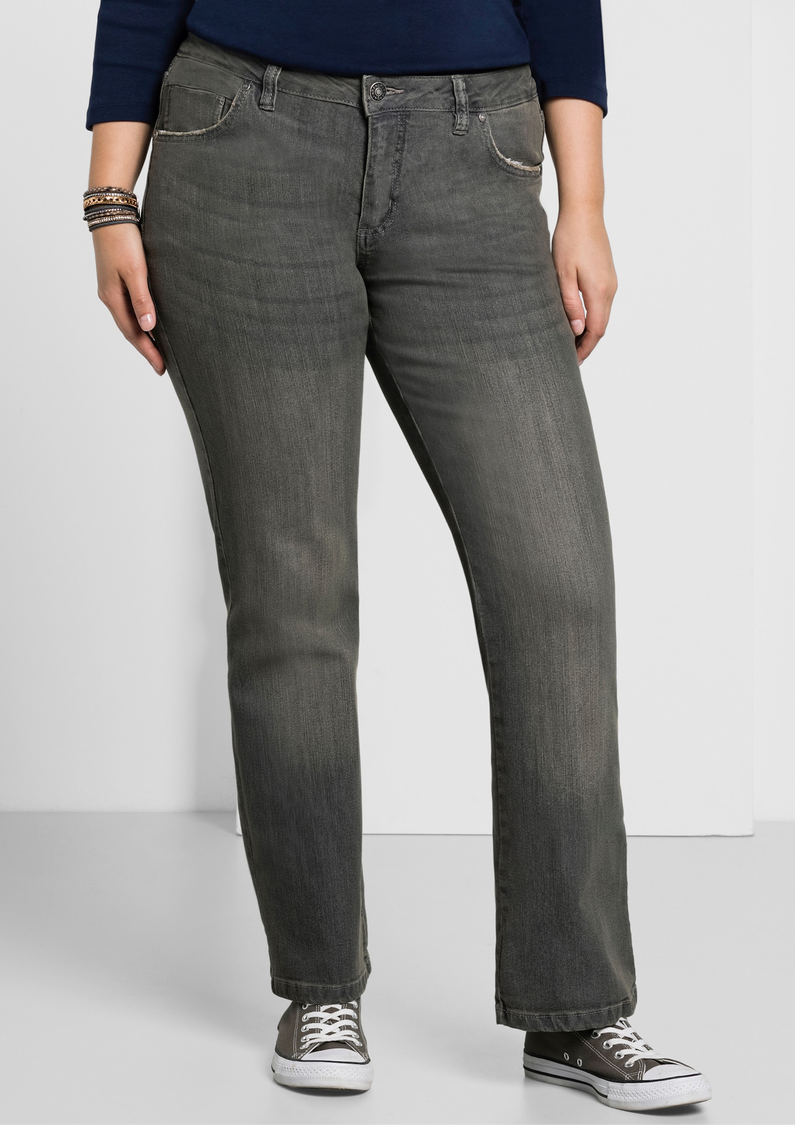 sheego Bootcut-Jeans mit Used-Effekten - grey denim