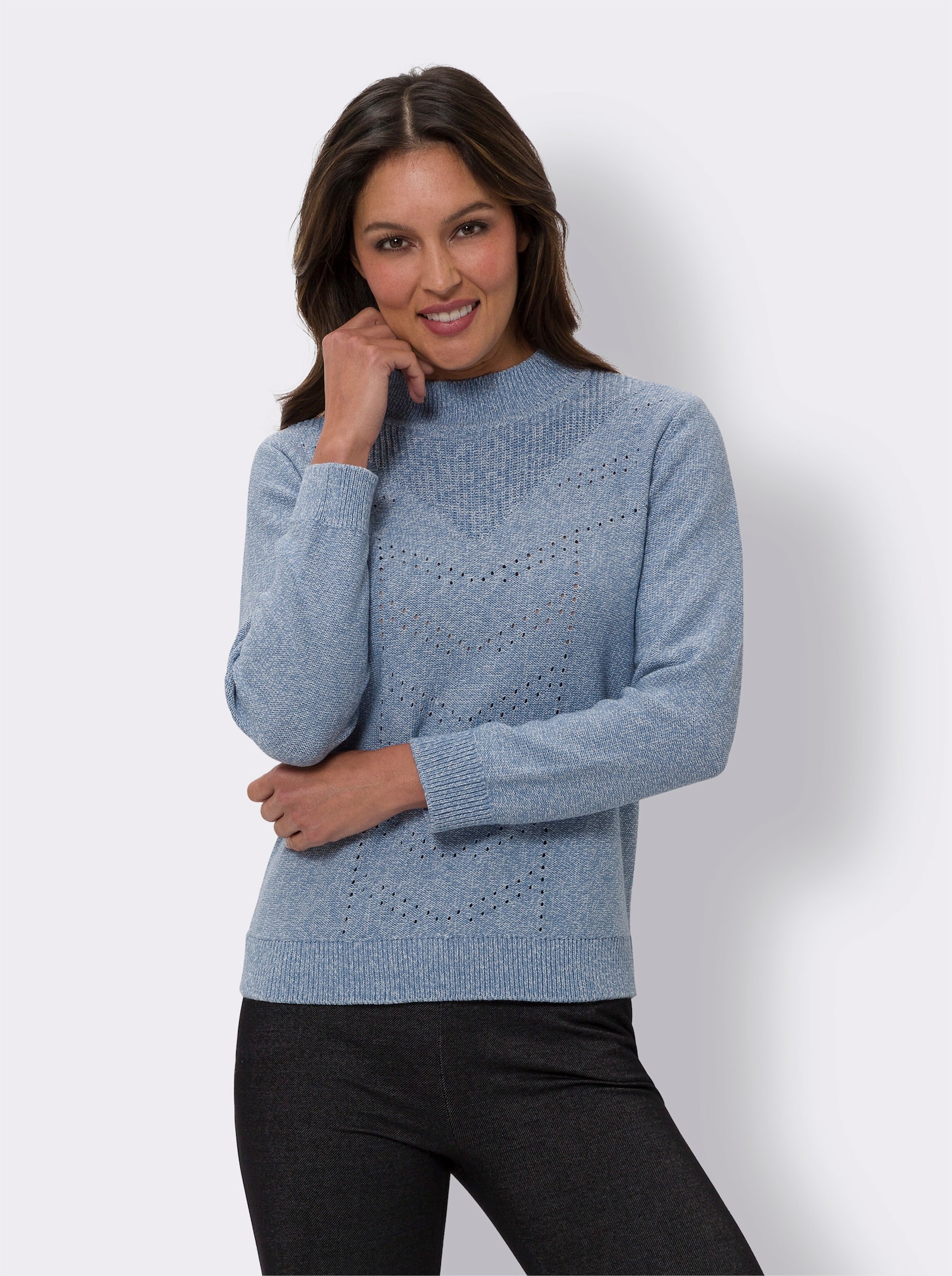Langarm-Pullover in Melange-Optik - bleu-ecru-meliert