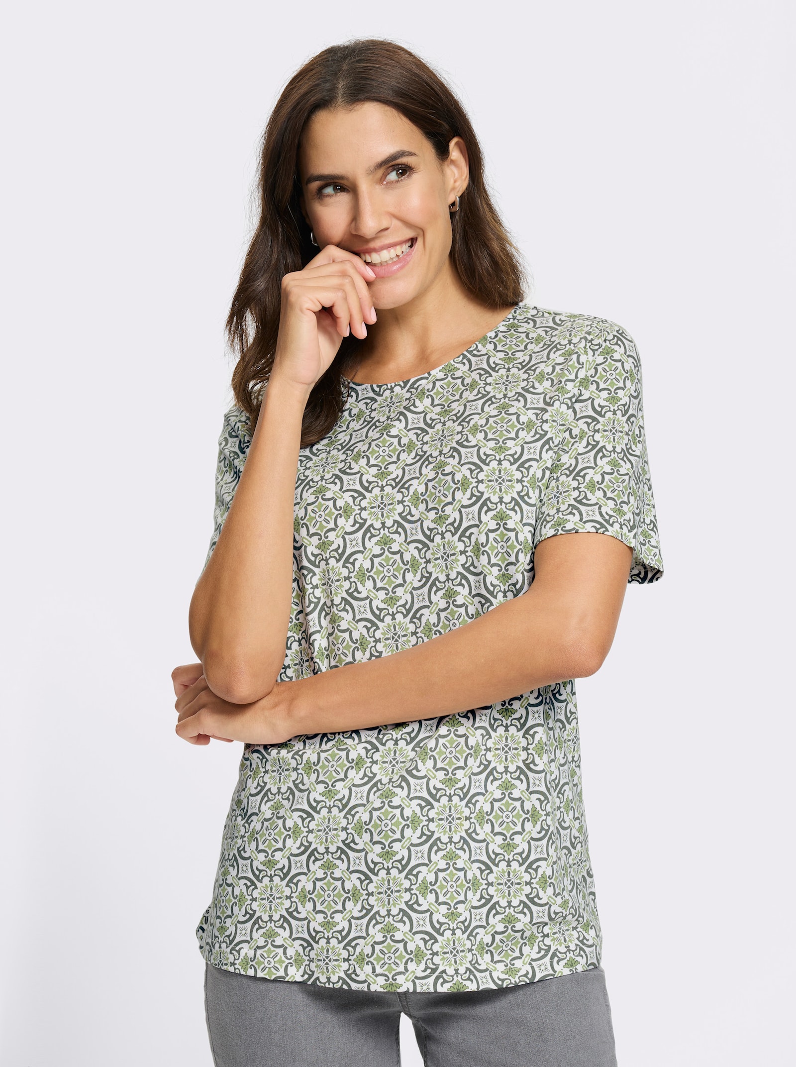 Print-Shirt in Baumwoll-Modal-Mischung - ecru-khaki-bedruckt