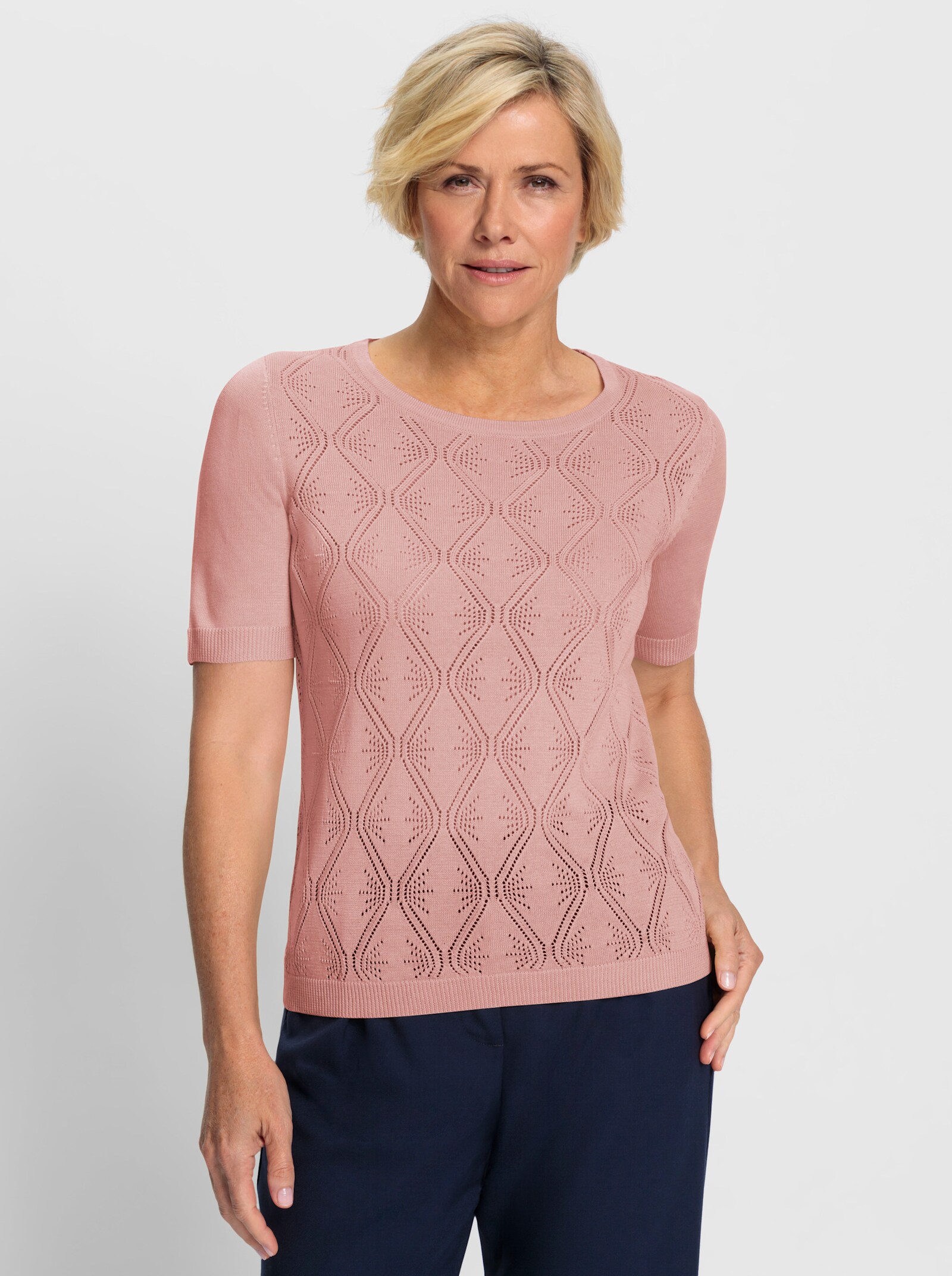 Ajourpullover mit längerem Halbarm - rosenquarz