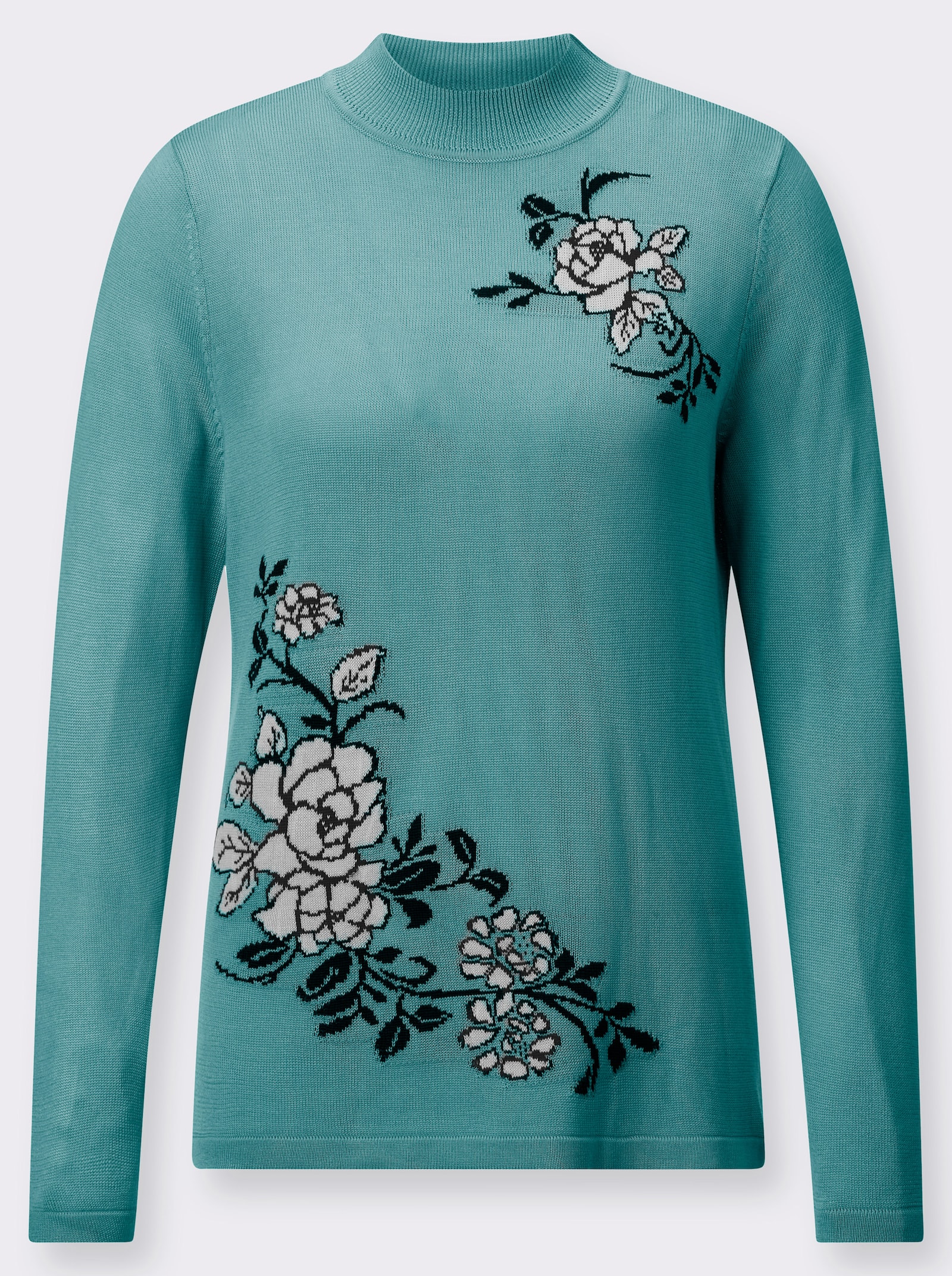 Stehkragenpullover mit floralem Intarsienmuster - ozean